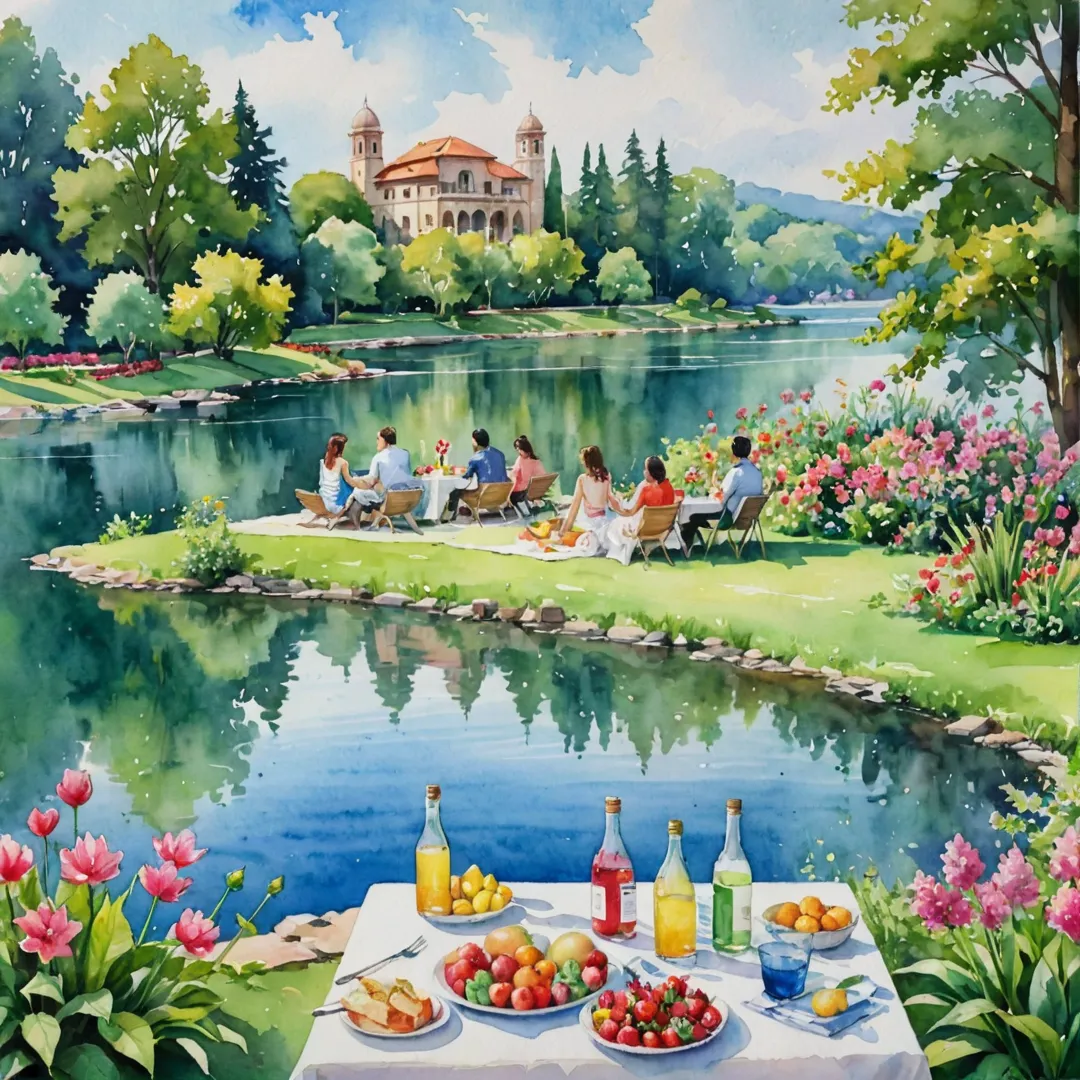 eople enjoying a picnic by the lake, surrounded by lush greenery and colorful flowers, with a stunning watercolor painting of Alita's sustainable architecture in the background.