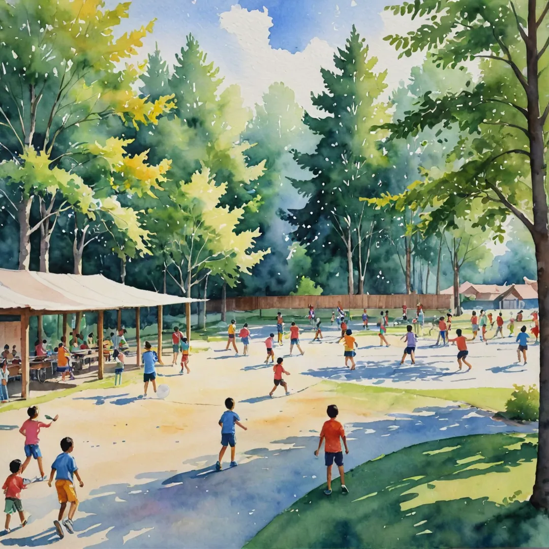 ater color painting of a large open communal space, vibrant colors, families playing sports together, children laughing, trees providing shade, people socializing, sporting equipment scattered around the area