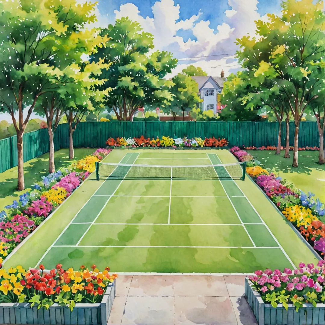 atercolor painting of a vibrant, green badminton court surrounded by colorful flower beds and benches. Residents of various ages interact happily while playing or cheering each other on. A sunny day with fluffy white clouds in the sky provides a serene backdrop to this thriving community fitness scene.