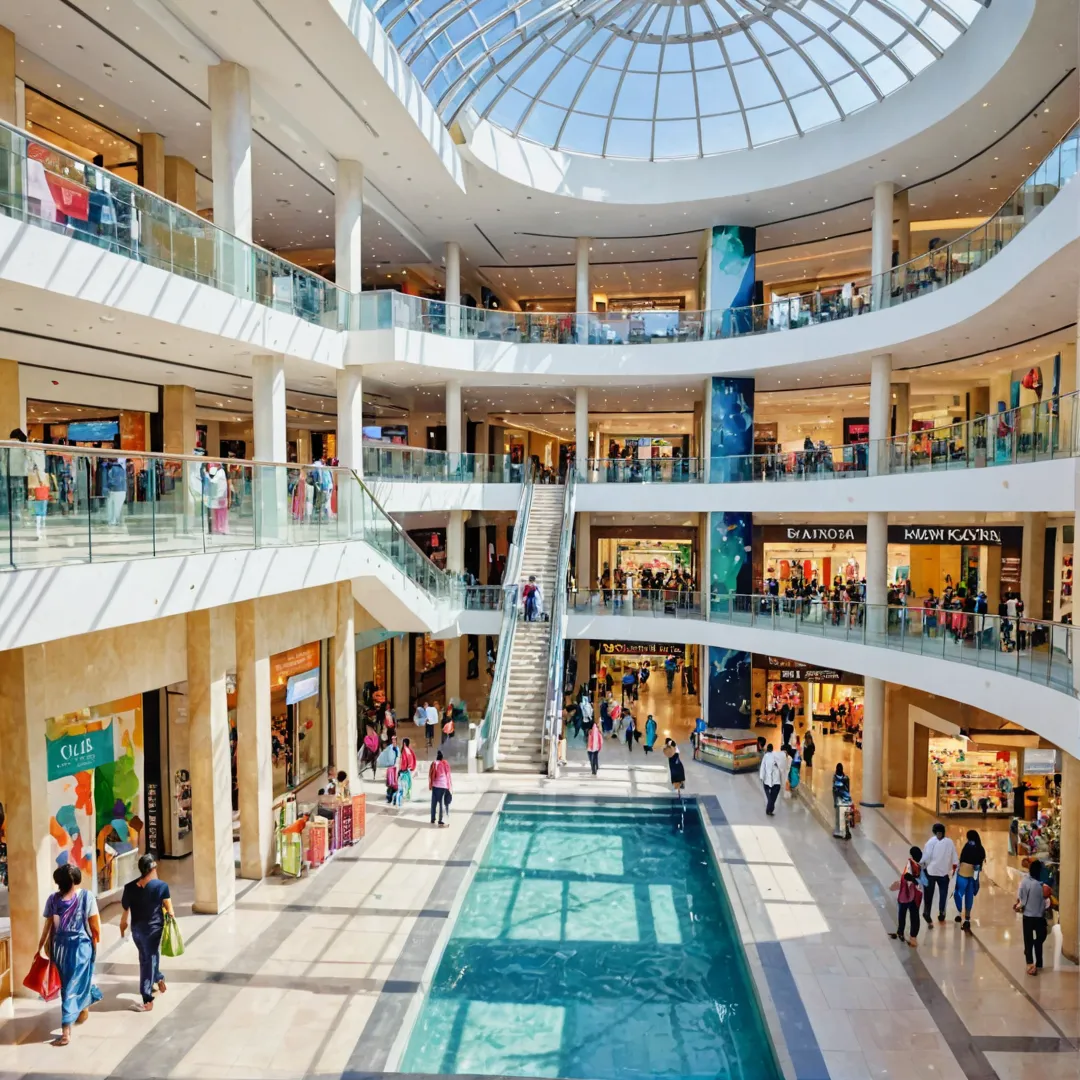 hopping mall interior, luxurious, spacious, colorful, shoppers, fashion brands, food court, modern design, sunlight streaming in.