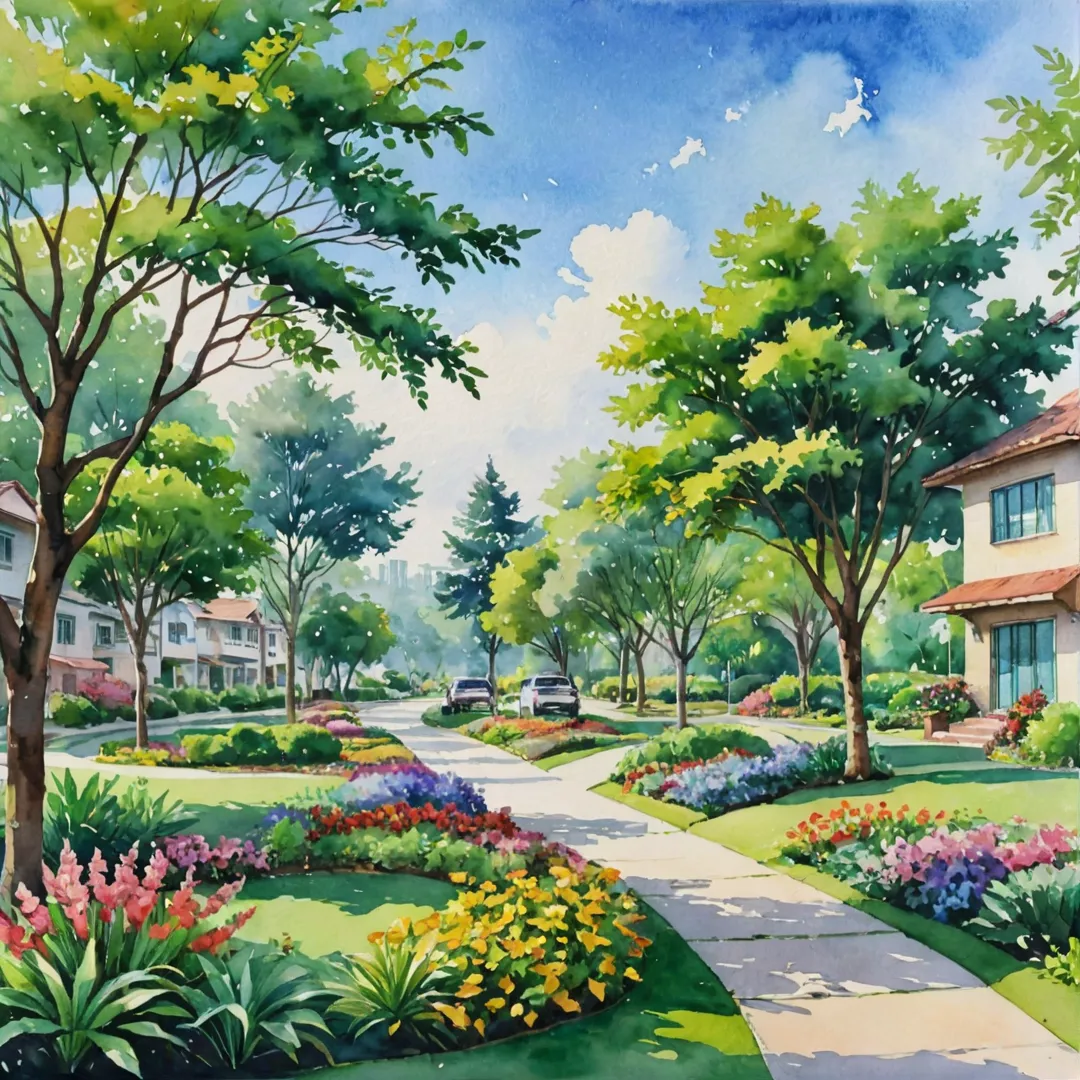 atercolor painting of a vibrant community with diverse housing plots, featuring a mix of colors and architectural styles. The image showcases lush green spaces, winding pathways, and a variety of trees and plants that create an inviting atmosphere. Residents can be seen interacting in the park or walking their dogs as they enjoy the serene surroundings. The sky is painted with gentle pastel hues, reflecting the harmonious blend of nature and urban living at Alita.