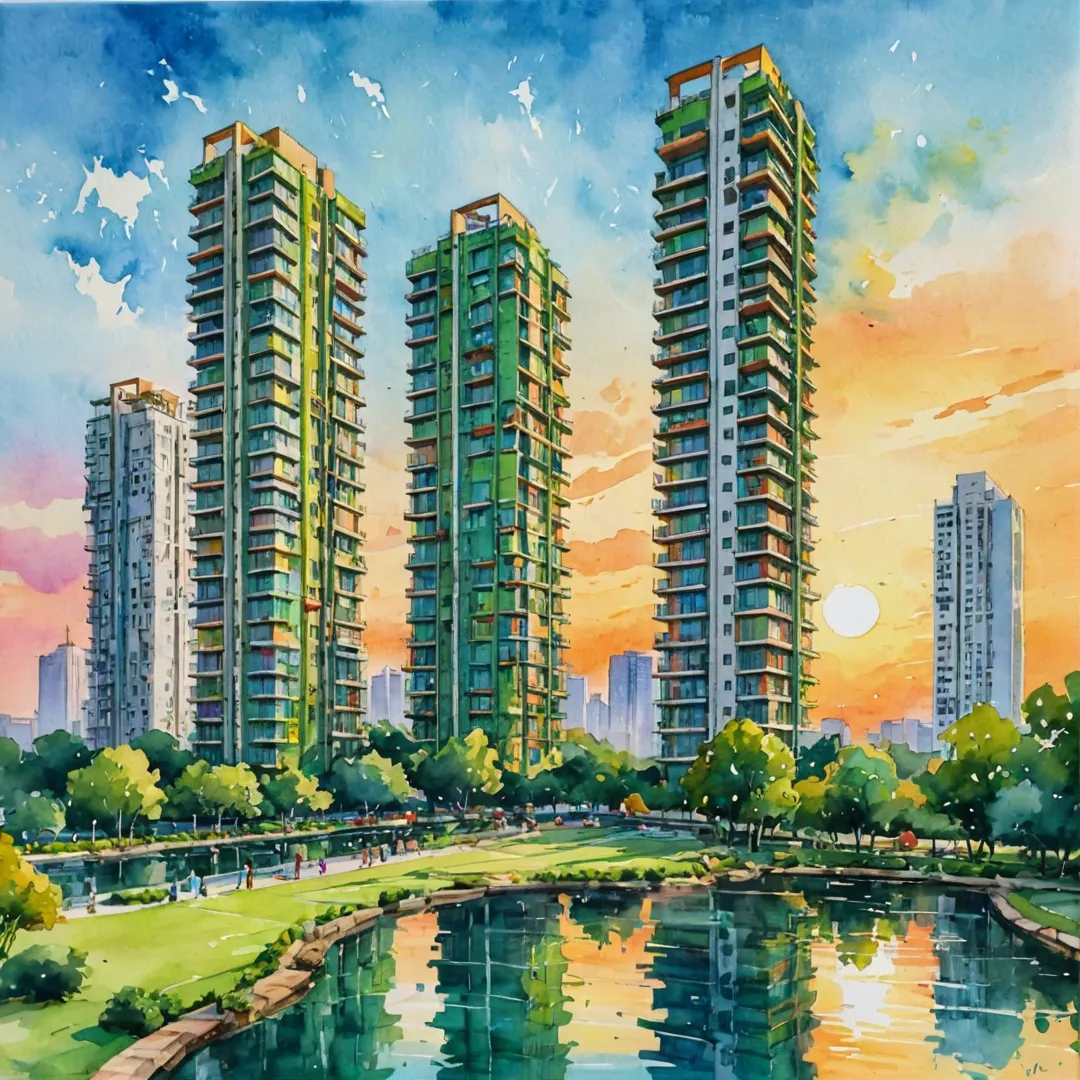 ibrant cityscape, Alita tower, green spaces, sustainable living, modern architecture, diverse community, sunset view.