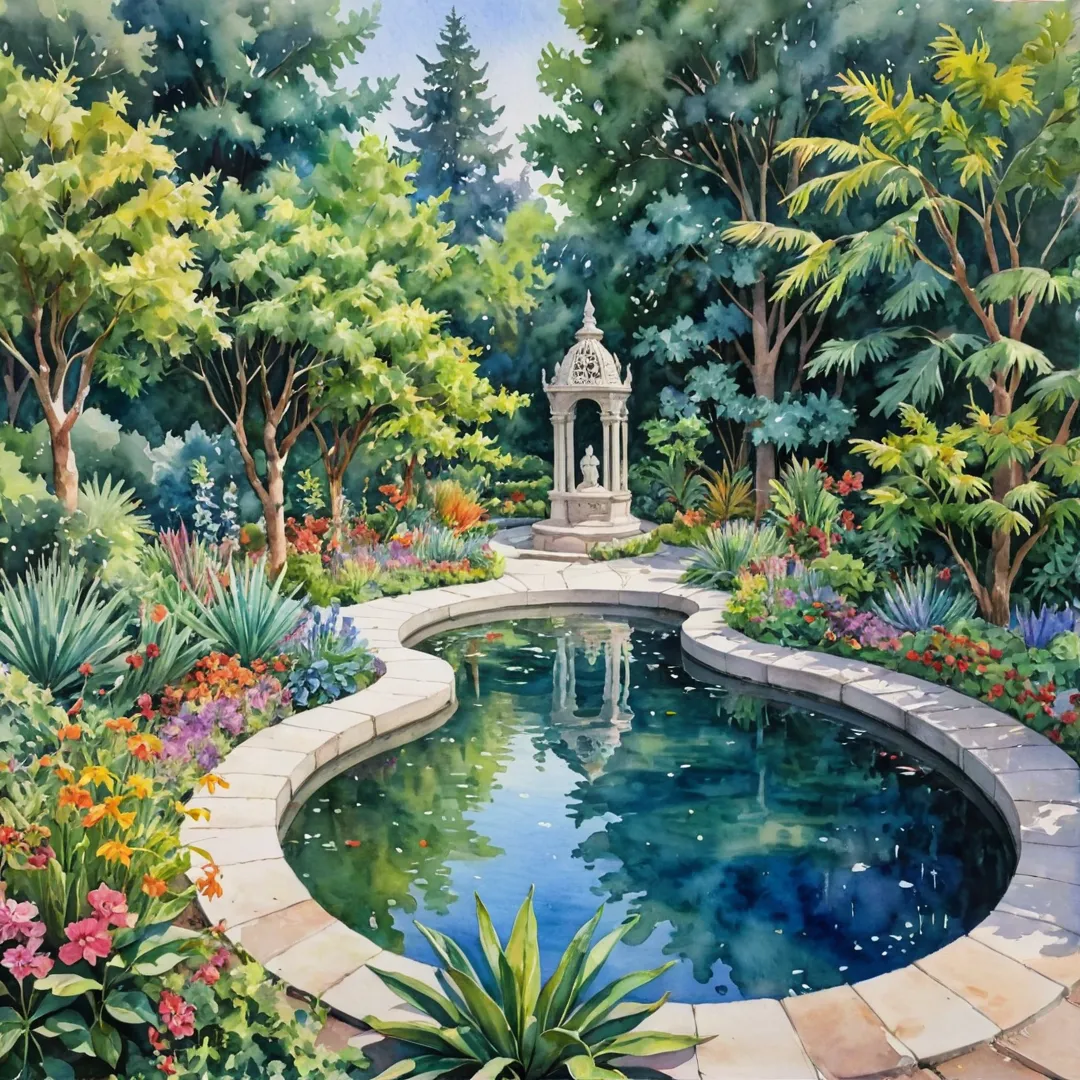 atercolor painting of a sculpture garden, vibrant colors, intricate details, serene atmosphere, nature integrated, art installations, diverse materials, community engagement