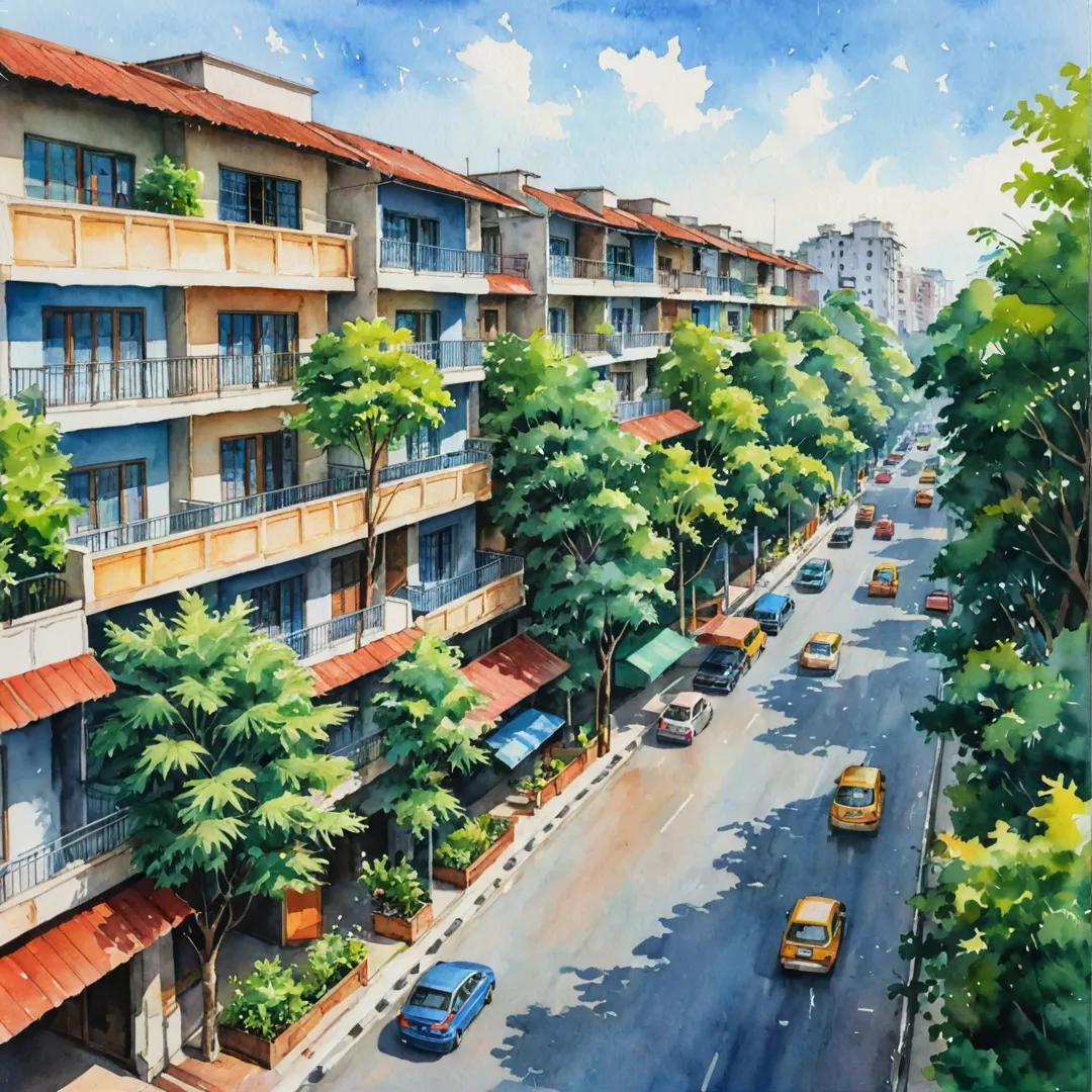 ibrant neighborhood, bustling streets, modern apartments, close to workplaces, trendy restaurants, lush greenery, well-designed infrastructure, high demand for housing, affordable living spaces, sustainable development