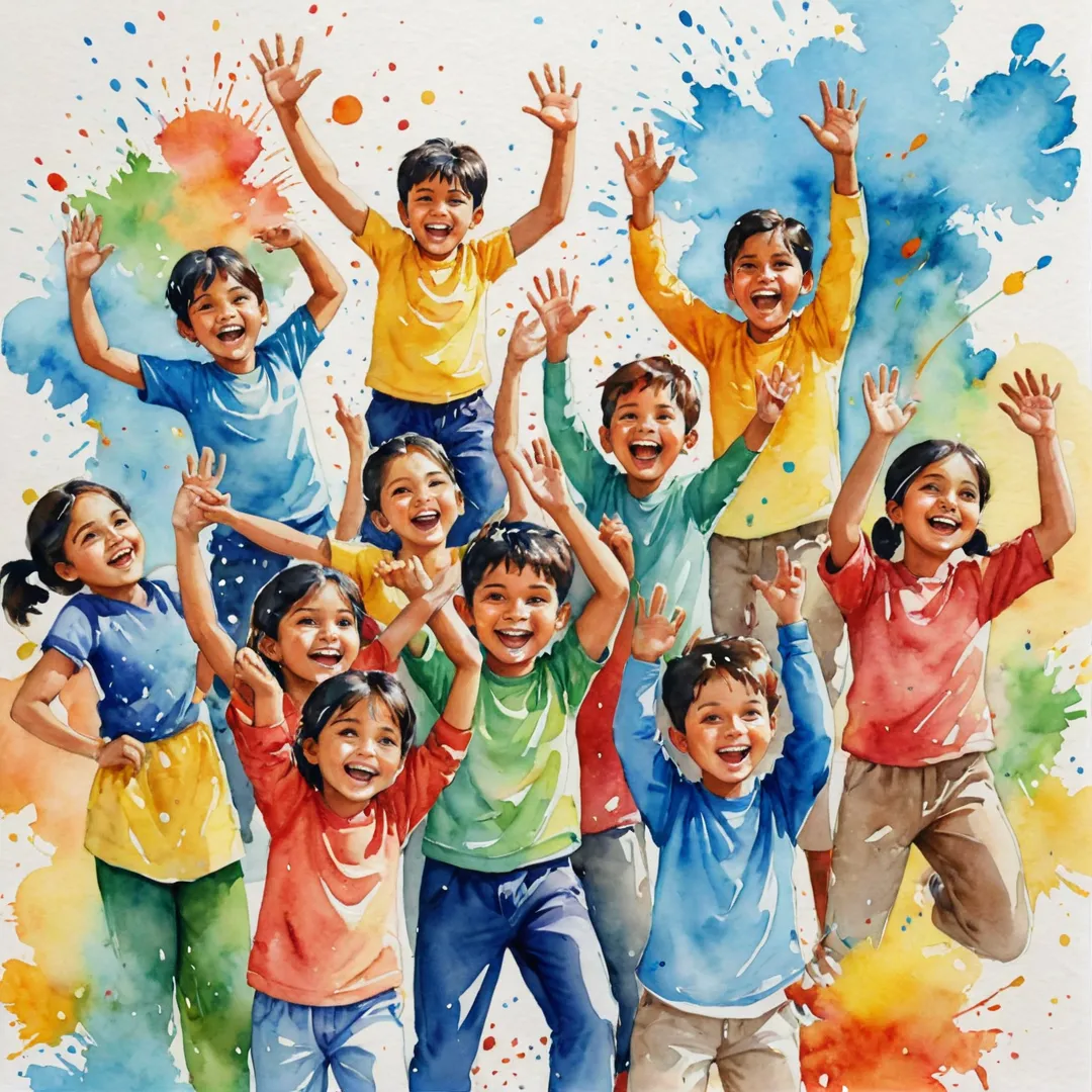 ibrant watercolor painting, colorful characters, celebration, joyous occasion, community spirit, sports activities, children playing, adults interacting, diverse group of people, bright colors, warm tones