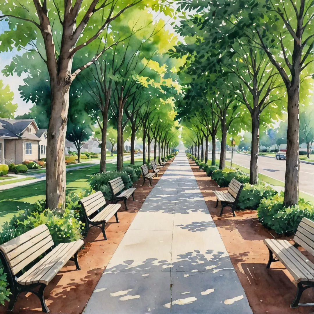 rompt: Peaceful shaded walkway, suburban neighborhood, residents walking, benches, trees providing shade, birds chirping in the background, sense of community, relaxation, and well-being.