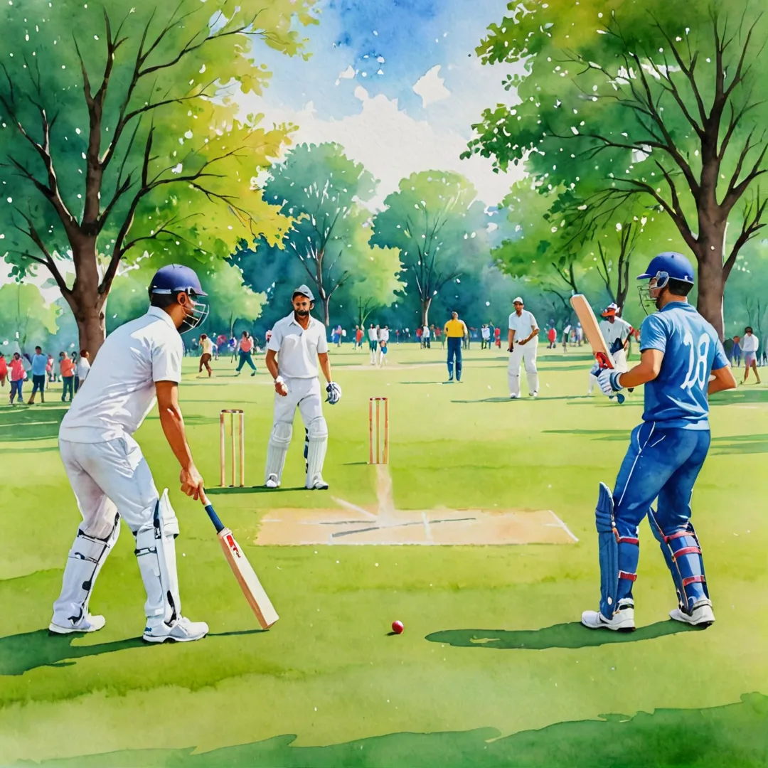 appy families playing cricket in the park, watercolor painting, vibrant colors, outdoor fun