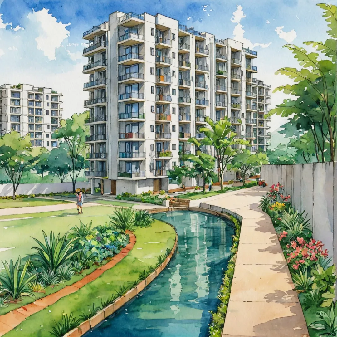 rban living space, greenery, sustainable design, community amenities, outdoor recreation, social interaction, shared workspaces, road infrastructure, underground cables, sewage treatment plant, Bangalore East