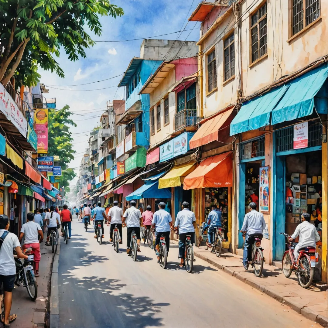  vibrant, bustling street scene along Soukya Road in Bangalore, India with people walking and cycling past colorful shops and restaurants. The image should capture the energy of Alita's neighborhood and showcase its diverse culture.