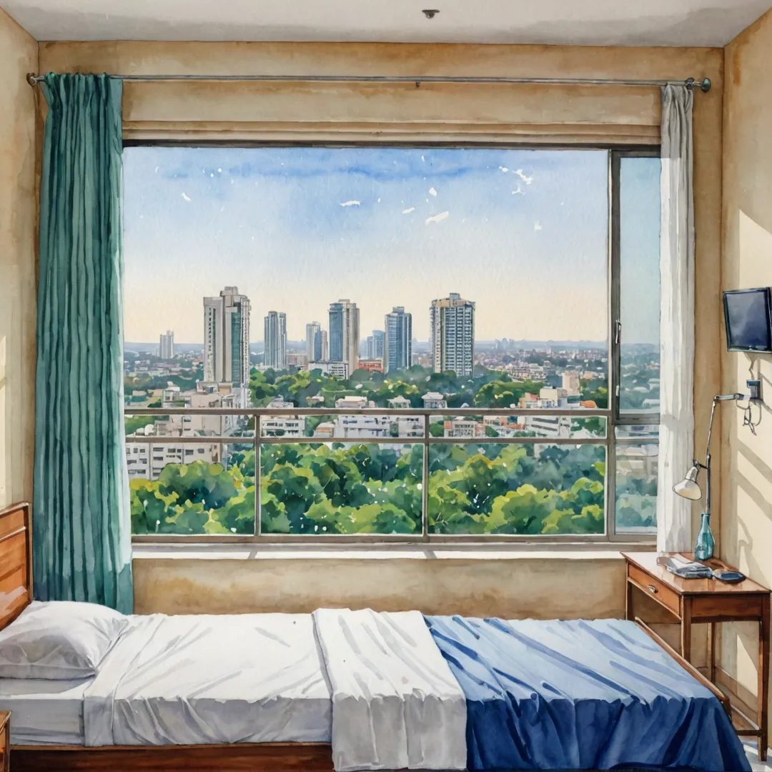 ater color painting of a luxurious hospital room with a view of Bangalore East cityscape, peaceful and serene atmosphere, warm colors, top-notch amenities, nearby healthcare options.