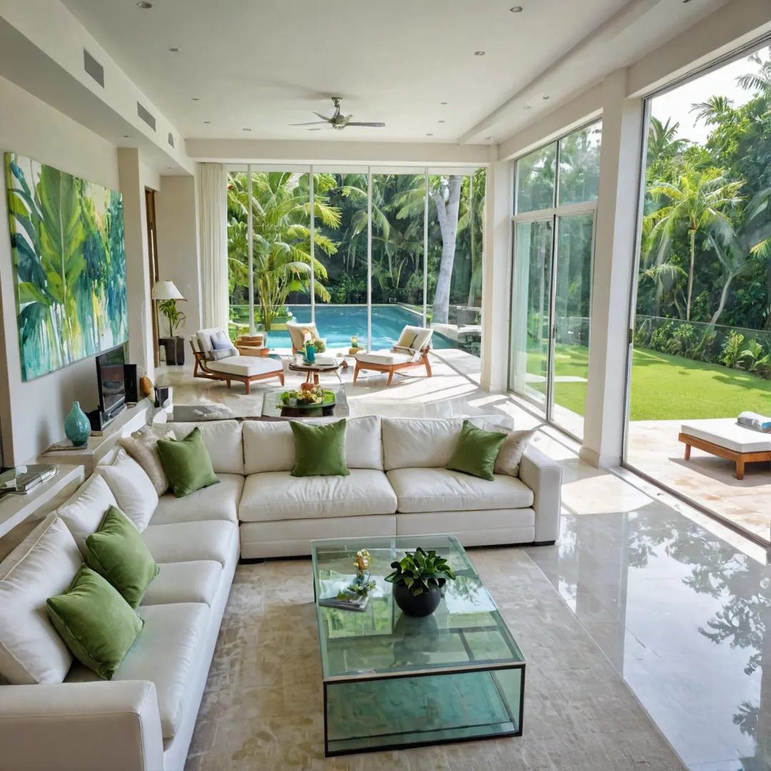 uxurious living room with floor to ceiling windows, overlooking lush greenery and a sparkling pool, sunlight streaming in, modern furniture arranged for relaxation or entertaining, art on the walls, high-end technology integrated seamlessly.