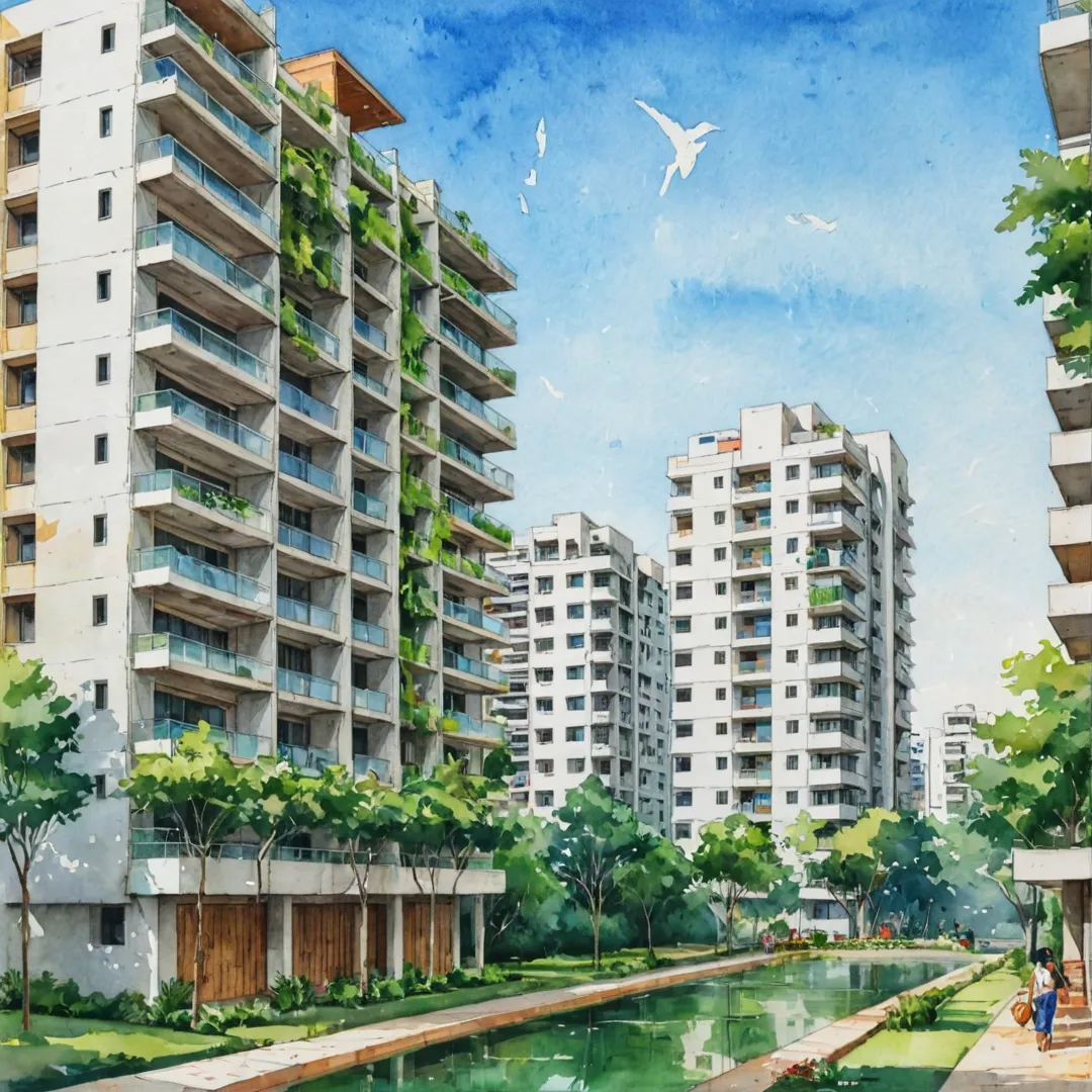 co-friendly construction, sustainable development, modern architecture, open spaces, natural lighting, ventilation, greenery, recycling, waste management, water conservation, compliance certificate, Bangalore cityscape.