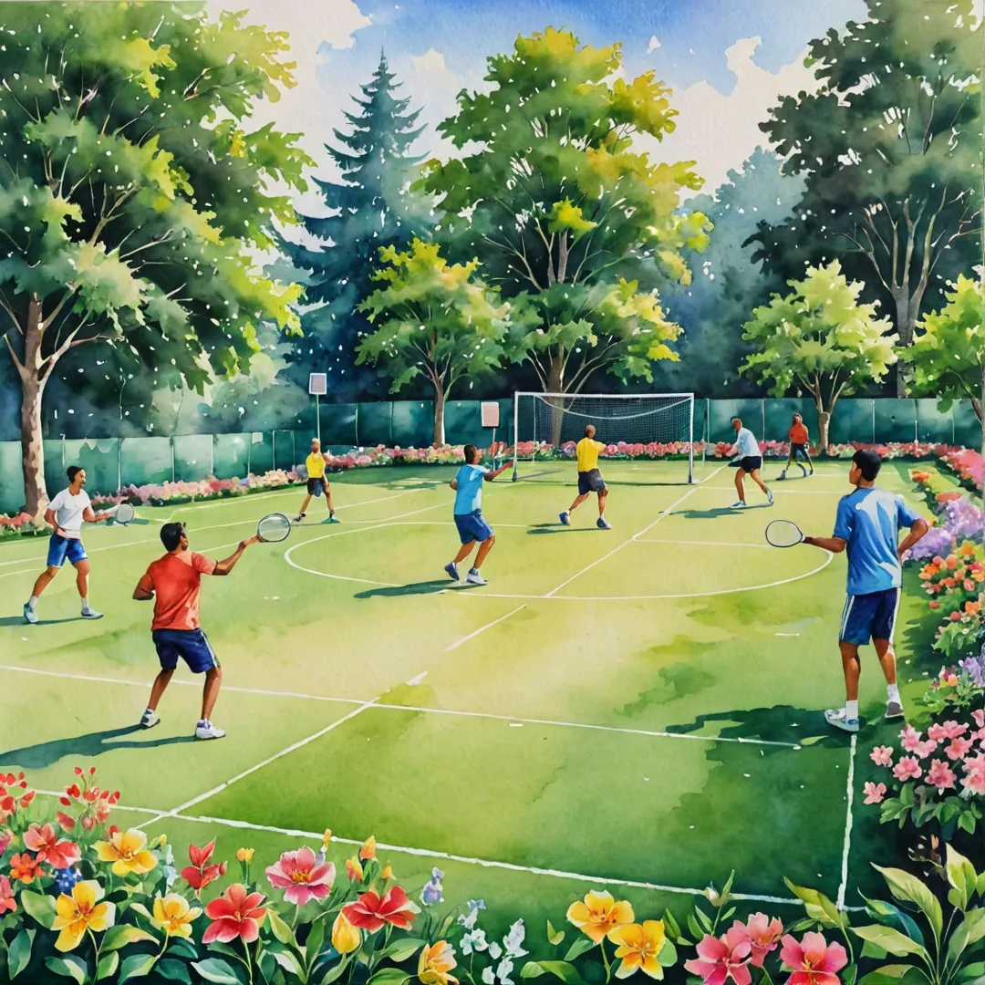 ibrant watercolor painting of a diverse group of people enjoying various sports activities at Alita community, badminton players swinging their racquets, basketball players dribbling and shooting hoops, cricket players batting and bowling, runners on the track, and a game of soccer or football happening on the multipurpose ground, with lush greenery and colorful flowers in the background, creating an idyllic and harmonious atmosphere.