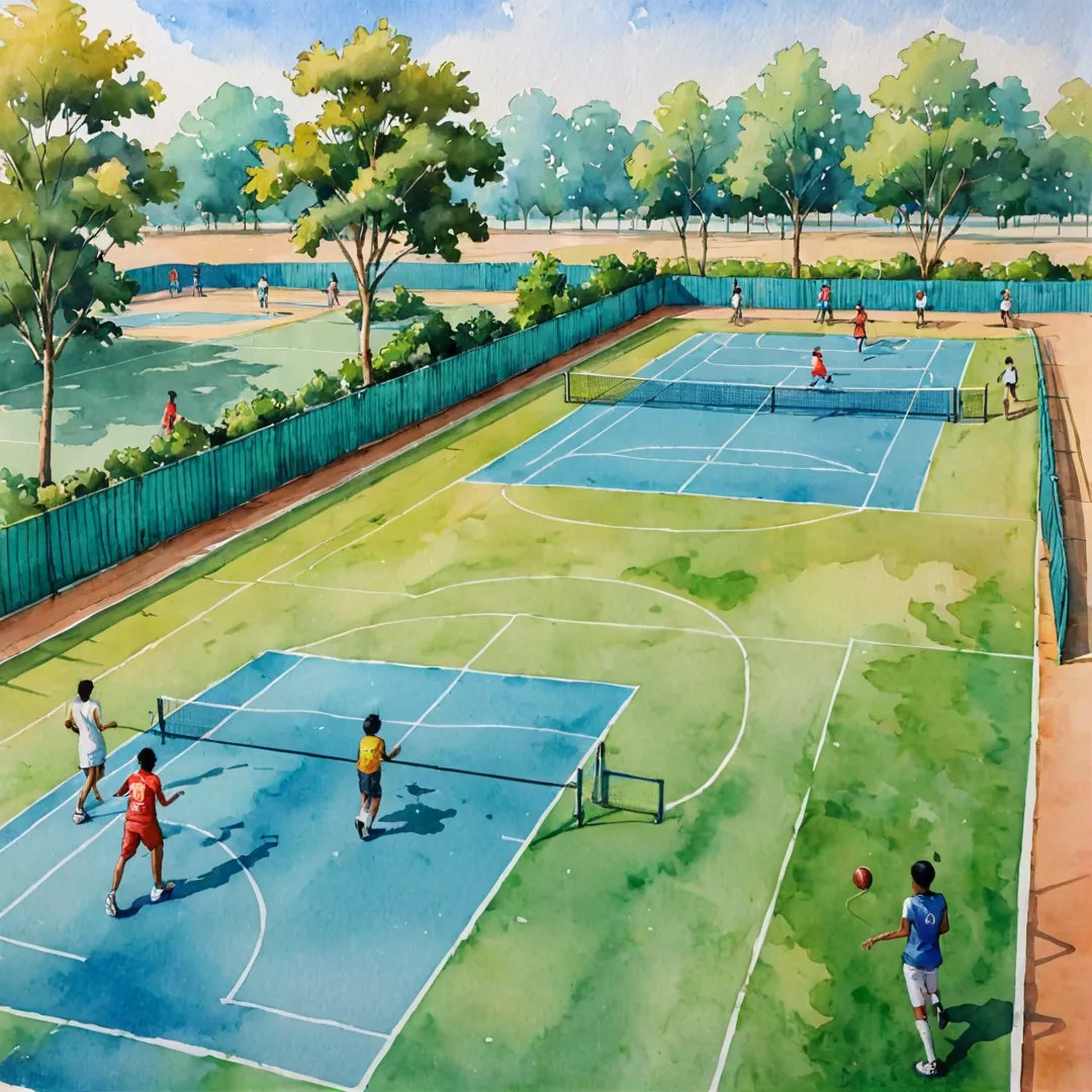 rompt: vibrant sports complex, Bangalore East, cricket pitch, basketball court, badminton court, running track, neighbors playing sports, inclusive recreation, well-lit evening games, community engagement.