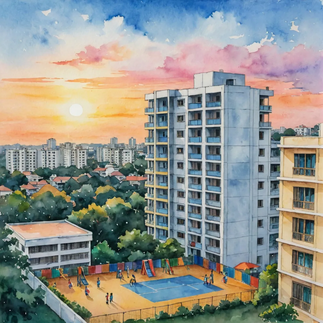 odern apartment building, Bangalore skyline, evening, sunset, kids playing in playground, parents watching from balcony, school nearby, convenience store