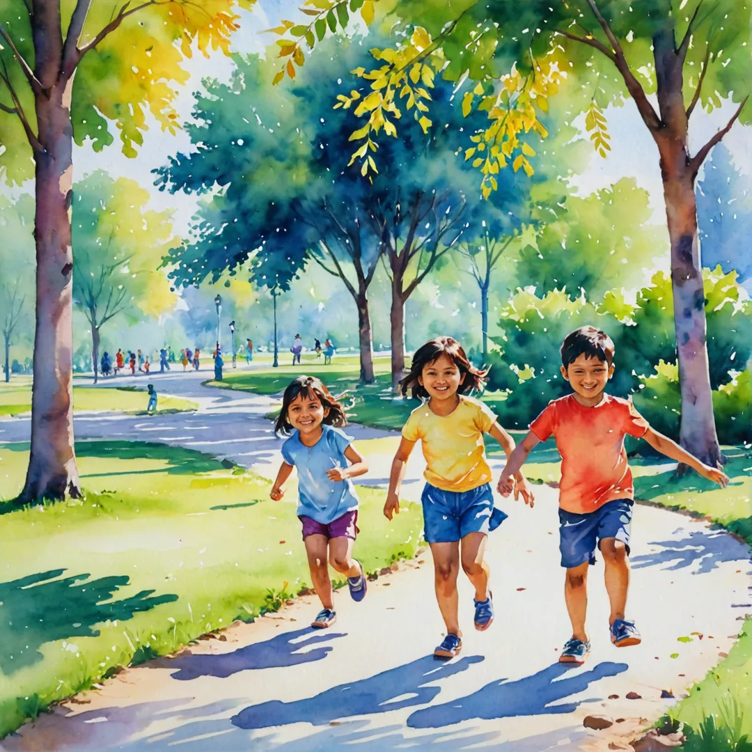 hildren playing in the park, watercolor painting, vibrant colors, sunny day, laughter