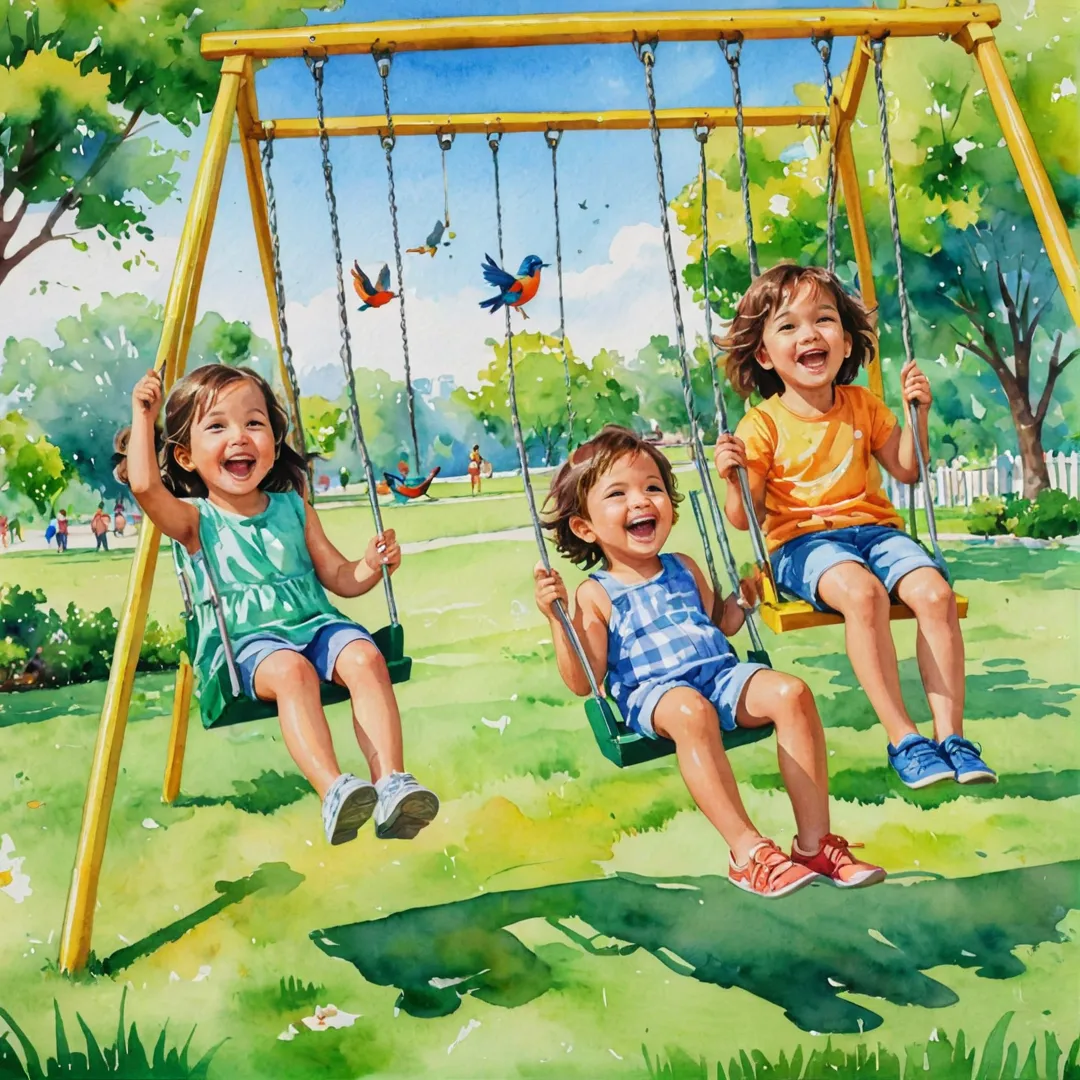 oyful children laughing playing swingset park green grass sunny day colorful birds chirping