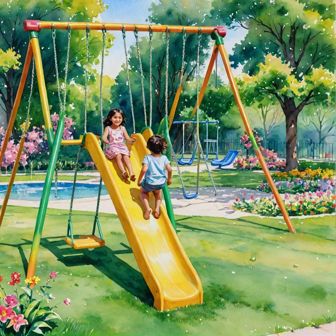 hildren playing in a park with colorful swings and slides, surrounded by lush green grass and blooming flowers, under the warm sunlight, creating joyful memories together