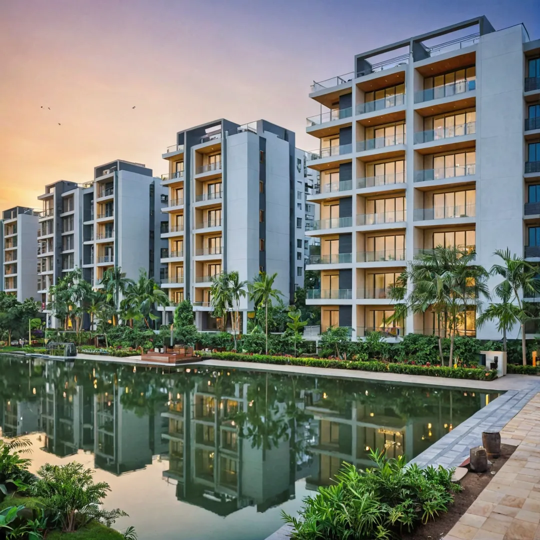  serene lake view from Alita, Bangalore East - a modern living community nestled amidst tranquil surroundings. The sun sets over the peaceful Kacharakanahalli Lake, casting warm golden light onto the glass facade of the contemporary apartments. Lush greenery and open spaces complement the sleek architecture, creating an idyllic atmosphere for residents to unwind after a long day at work or exploring nearby IT parks, restaurants, and shopping centers.