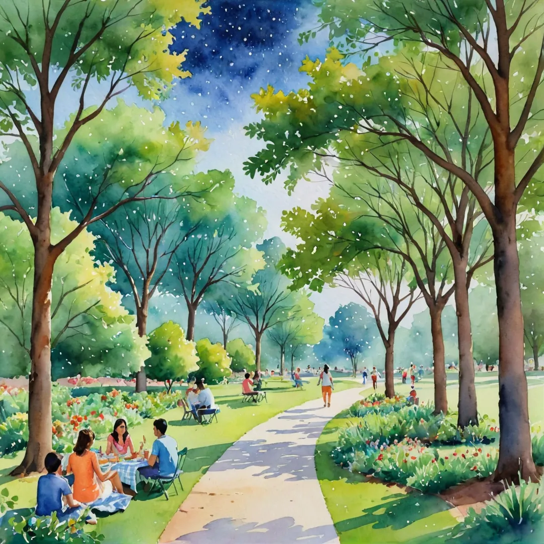 ibrant watercolor painting of tree park, lush greenery, serene atmosphere, winding pathways, diverse flora and fauna, community engagement, families picnicking under trees, children playing in nature, stars twinkling above, warm ambient lighting