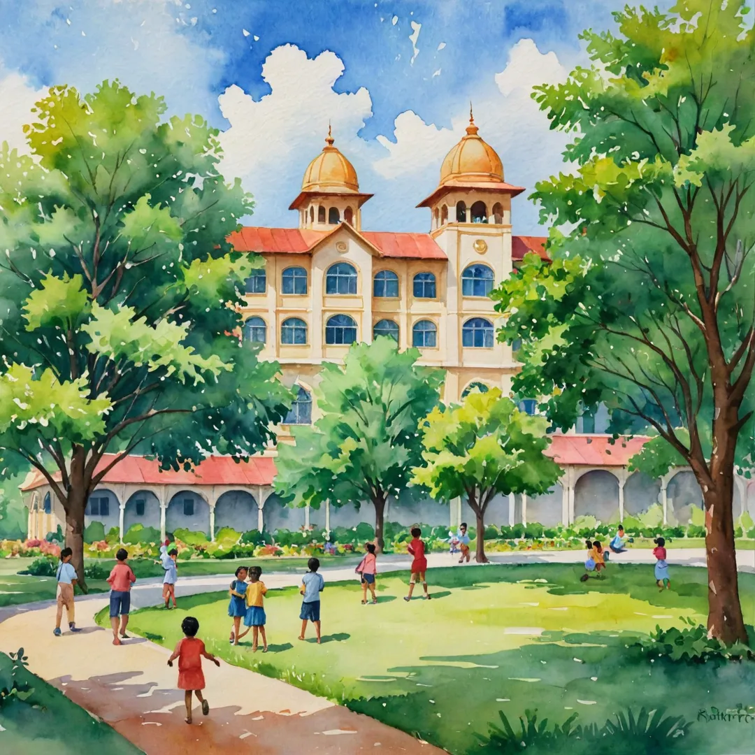 atercolor painting of a beautiful school campus surrounded by lush greenery, with children playing and laughing under the warm sun. The background features colorful trees and buildings in the distance, creating an inviting atmosphere. The focal point of the image is a group of young students gathered around their teacher, engrossed in learning while enjoying each other's company.