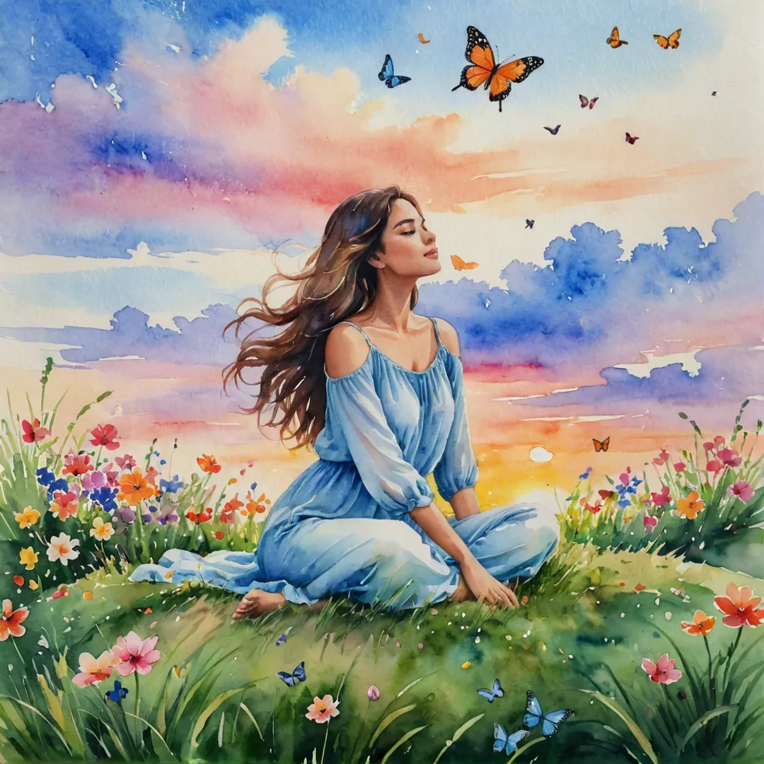 atercolor painting of a woman sitting on top of a lazing grass mound, enjoying the sunset, her hair flowing in the gentle breeze, surrounded by colorful flowers and butterflies