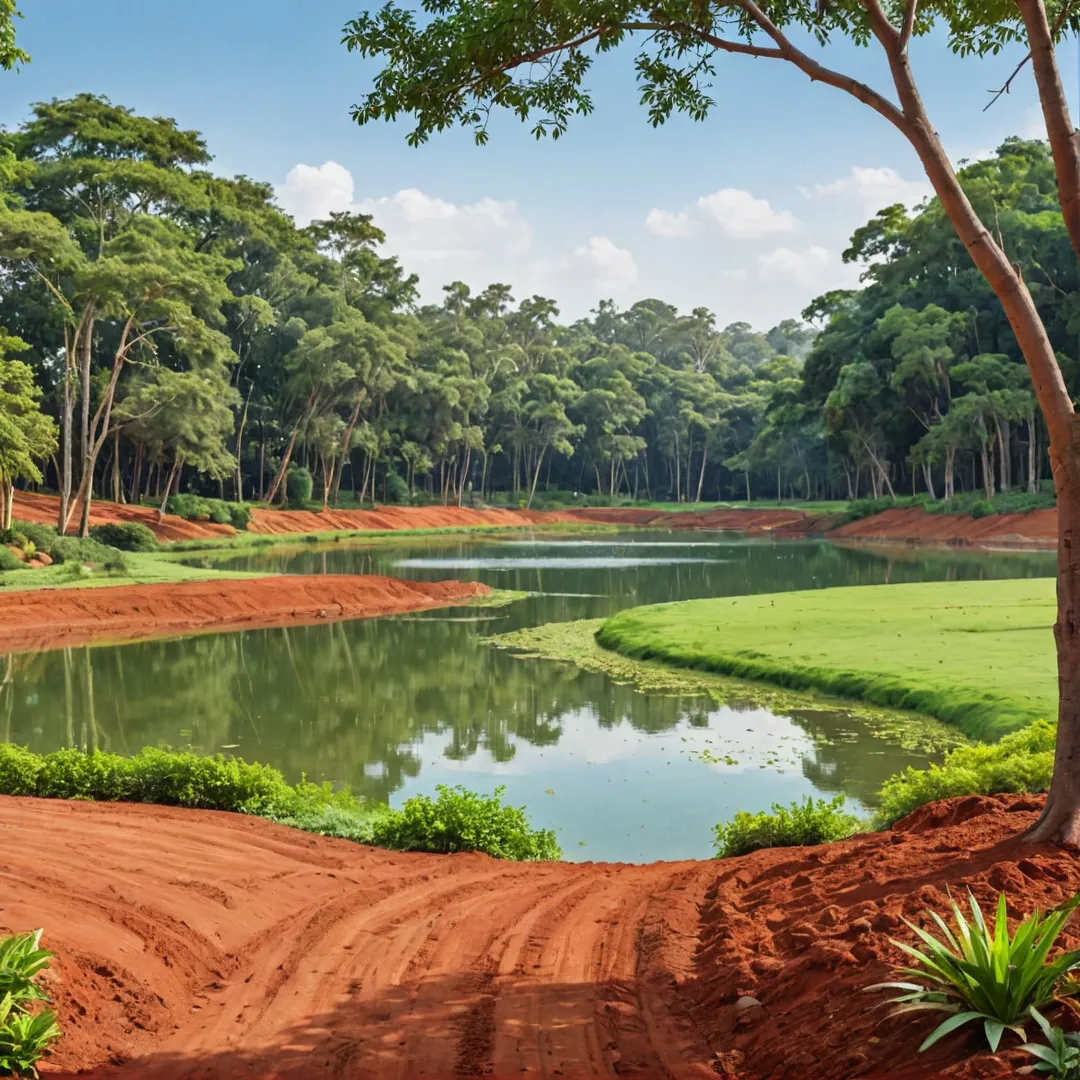 etailed render of a landscape with red soil, lush green trees, and a lake in the background, creating an inviting and serene atmosphere. The scene showcases the harmonious blend of nature and modern design elements found at Alita project located in Kacharakanahalli, Bangalore East.