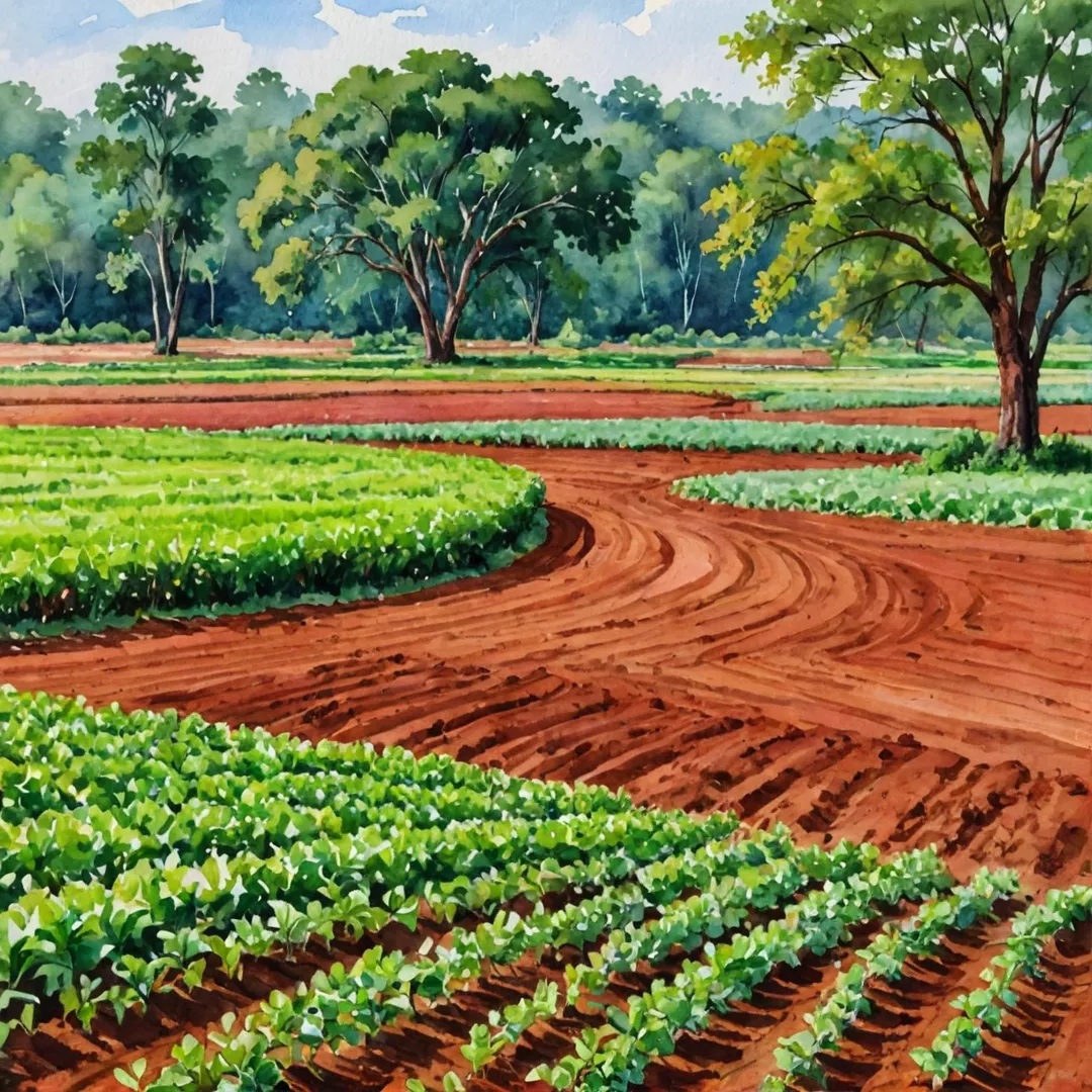 hoto of agricultural field, red soil, green plants, fertile land, trees in background