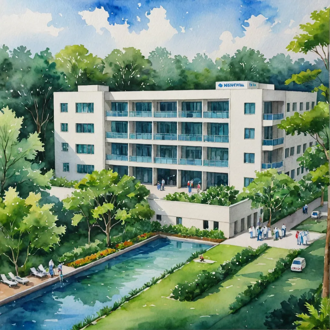 atercolor painting of a hospital building surrounded by lush greenery, patients and medical staff engaging in various activities, creating a serene and harmonious atmosphere. The hospital stands tall with its modern architecture, reflecting the cutting-edge technology within.