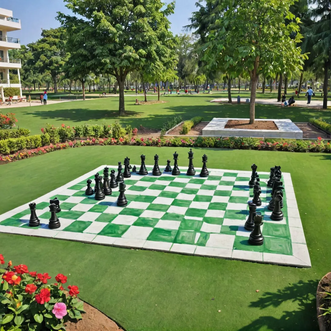 atercolor painting of a giant chess board with intricately detailed pieces, set against the backdrop of a vibrant community park. The scene showcases residents engaging in friendly matches, while others enjoy the various amenities around them. Lush green lawns, colorful flowers, and trees sway gently in the background, adding to the serene ambiance. A sense of camaraderie and relaxation fills the air as children play in a nearby sandpit, and adults converse on the yoga deck or pet park. The image captures the essence of luxury living at Alita, where residents can indulge in intellectual pursuits while maintaining an active and healthy lifestyle amidst a picturesque environment.