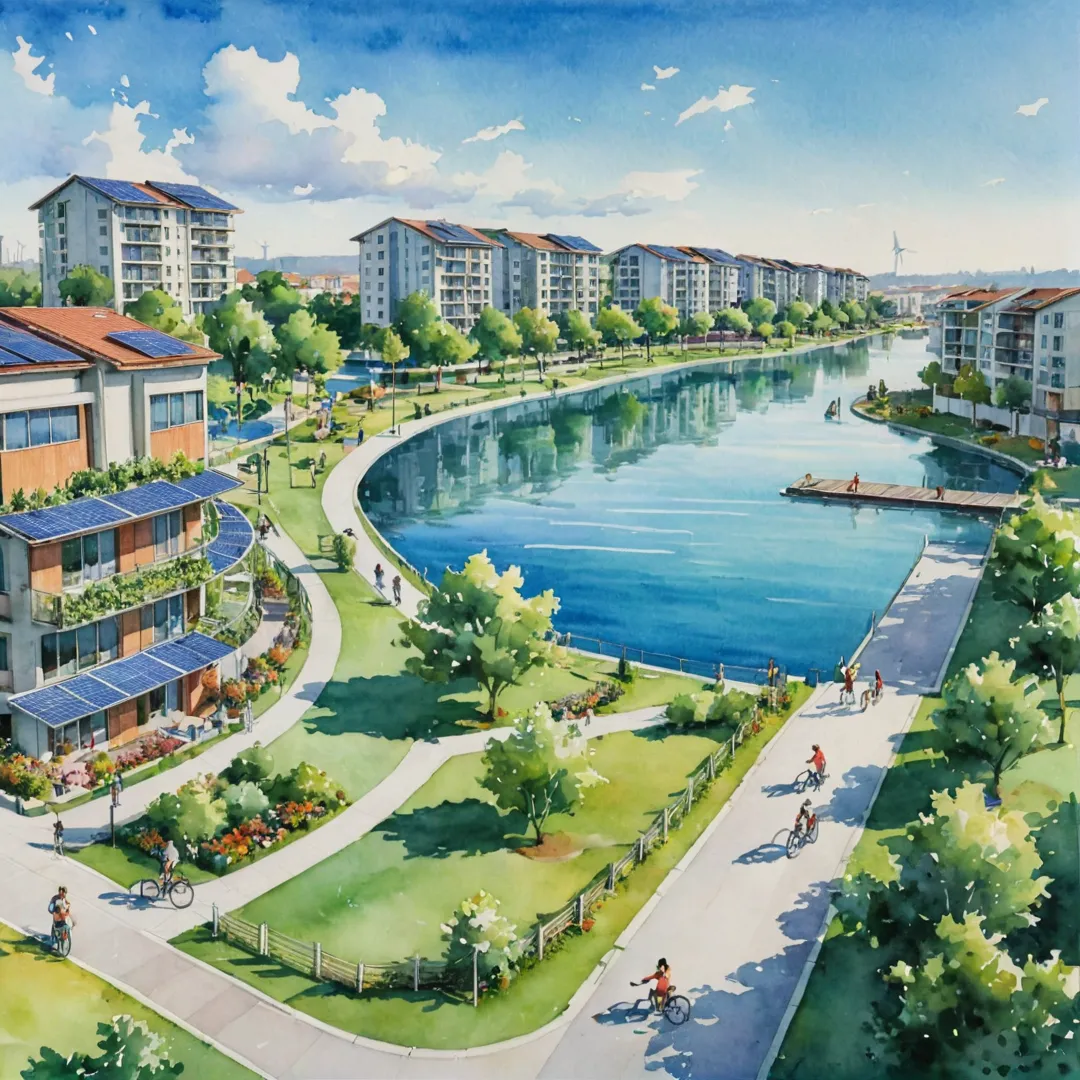 atercolor painting of a vibrant, sustainable city landscape featuring Alita, a modern and eco-friendly housing complex. The sky is painted with soft pastel colors, gradually transitioning into the greenery and blue waterscapes that surround the area. In the foreground, people are seen enjoying outdoor activities like cycling and jogging along well-maintained pathways, showcasing a healthy and active lifestyle promoted by Alita's design. The housing units blend seamlessly into their natural environment, featuring solar panels, wind turbines, and other renewable energy sources. The image conveys a sense of harmony between modern living and environmental conservation, highlighting the importance of obtaining a KIADB NOC for projects like Alita.