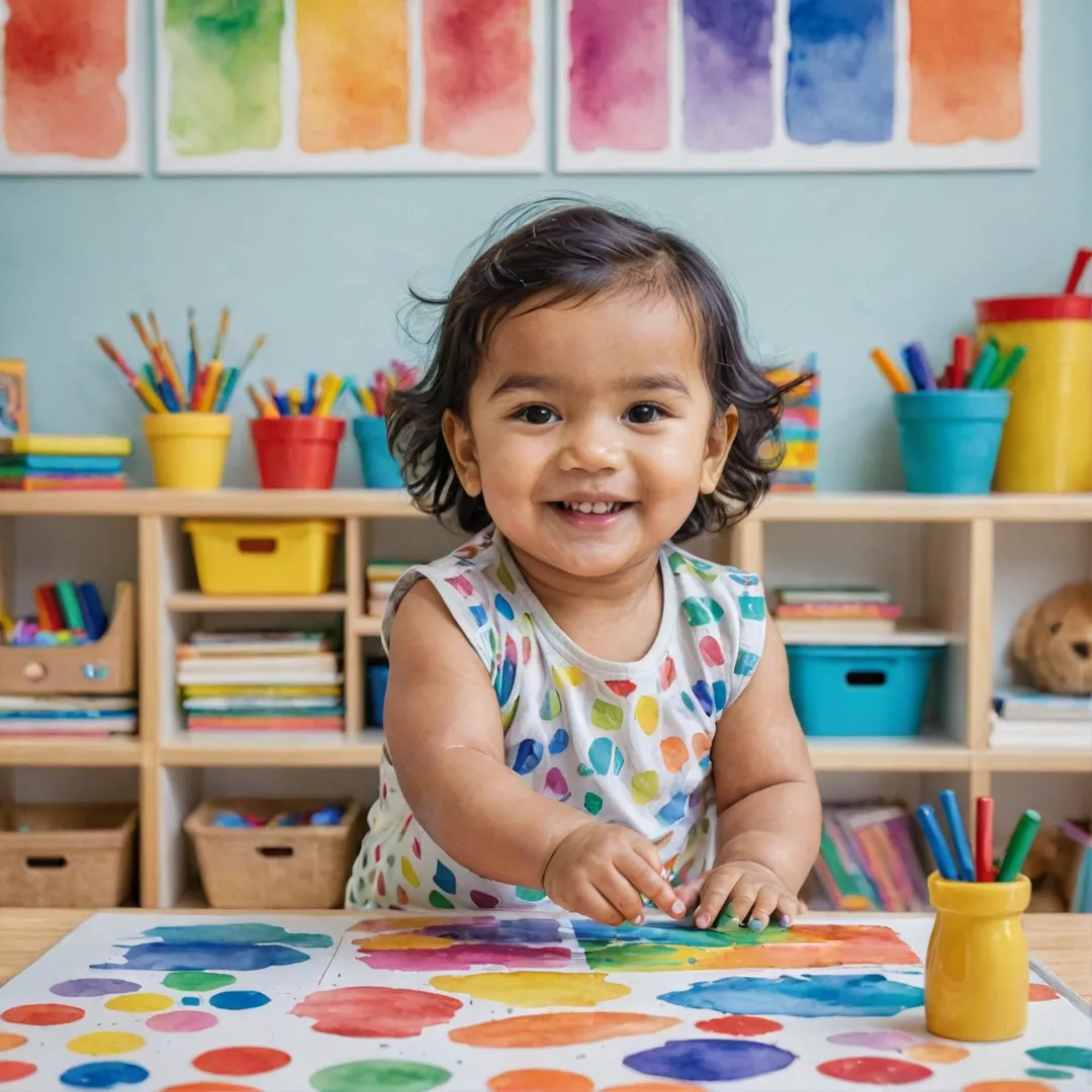 layful toddler in a colorful classroom, surrounded by educational toys and books, smiling brightly towards the camera