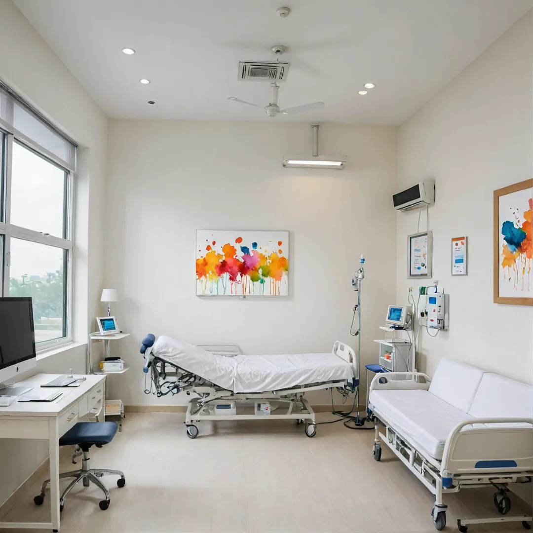 odern hospital room, white walls, sleek furniture, state-of-the-art technology, professional staff, warm lighting