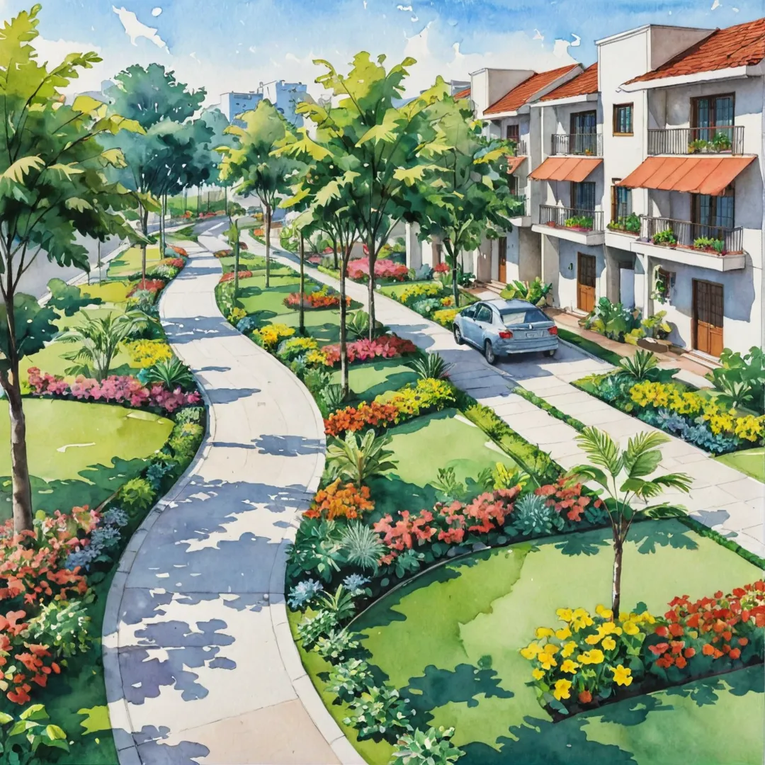 ibrant community, sustainable design, green spaces, diverse plot sizes, affordability, harmonious landscape, clutter-free environment, efficient access points, functional hierarchy, pedestrian safety, connectivity.