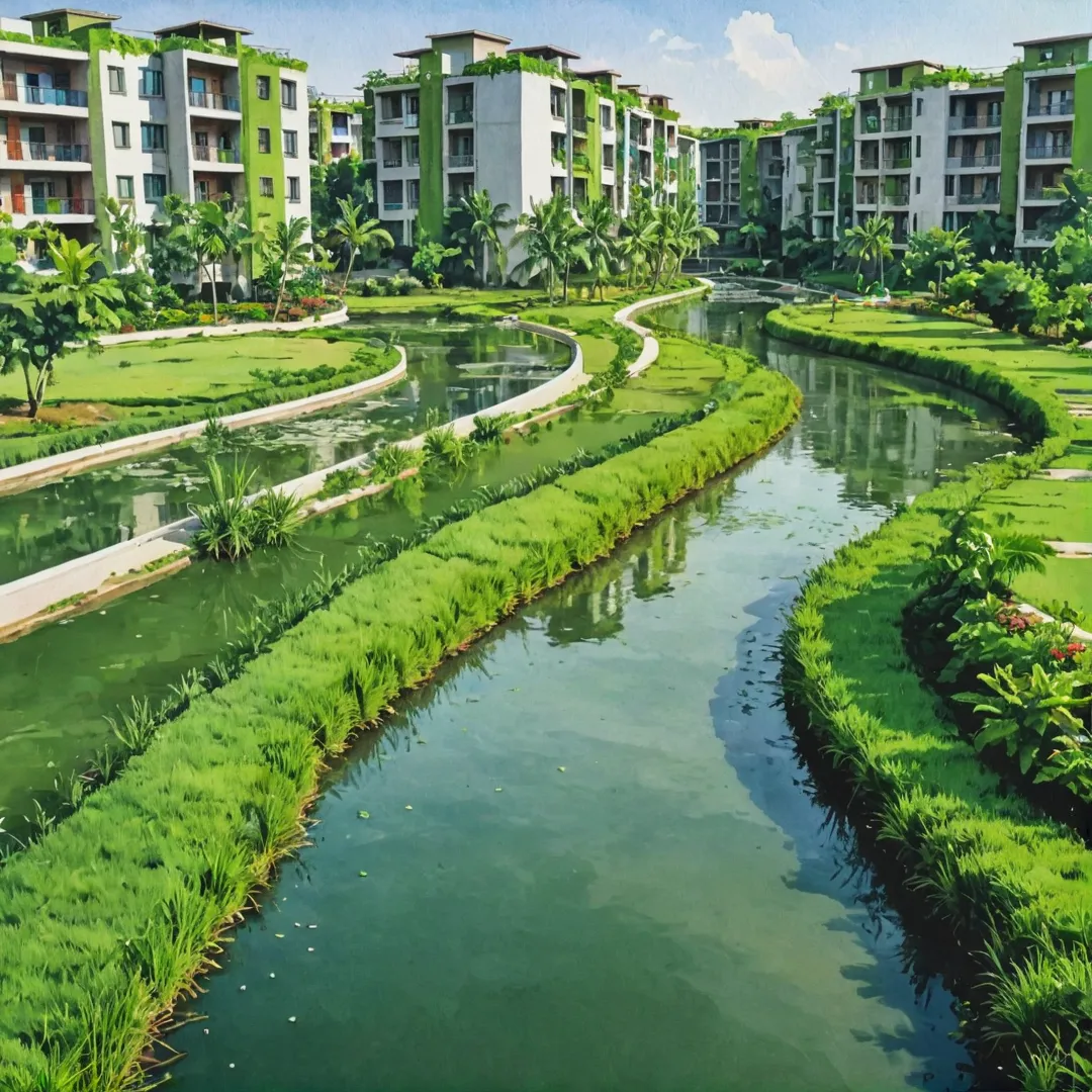 hoto of a lush green landscape with water channels and modern eco-friendly housing units in the background, showcasing serene harmony between nature and urban living.