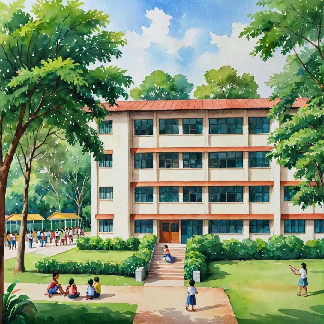 igh detailed image of CBSE school building, surrounded by lush greenery, well-maintained playground, children playing, teachers supervising.