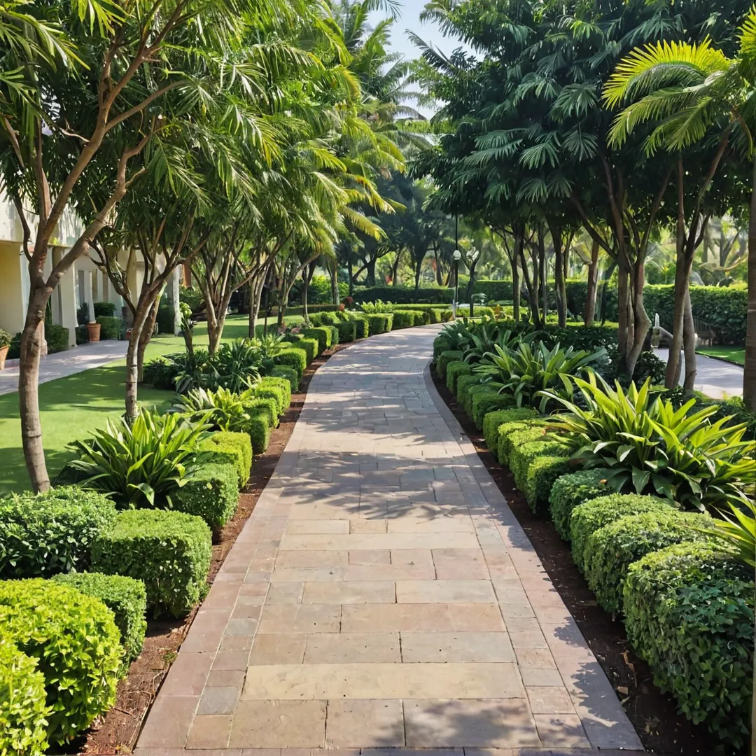 alkway surrounded by lush greenery, providing ample shade, benches for resting, and a serene atmosphere. The walkway is filled with people engaging in various outdoor activities such as jogging, walking their dogs, or socializing with friends. In the background, gated community houses stand tall, showcasing diverse architectural styles and well-manicured gardens.