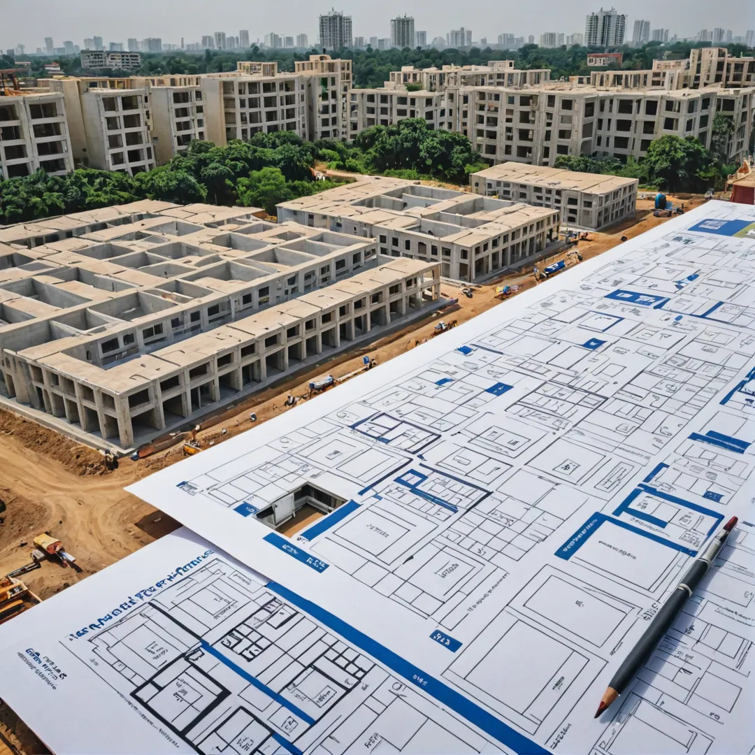 hoto of a housing project under construction, showcasing various approval processes and certifications obtained, such as RERA registration, plot khata, APF number, Khata certificate, and STRR approval. The image should include detailed labels and icons representing each aspect of the compliance journey to highlight its complexity. The background could feature a montage of architectural drawings and blueprints to emphasize the planning and design elements involved in the project.