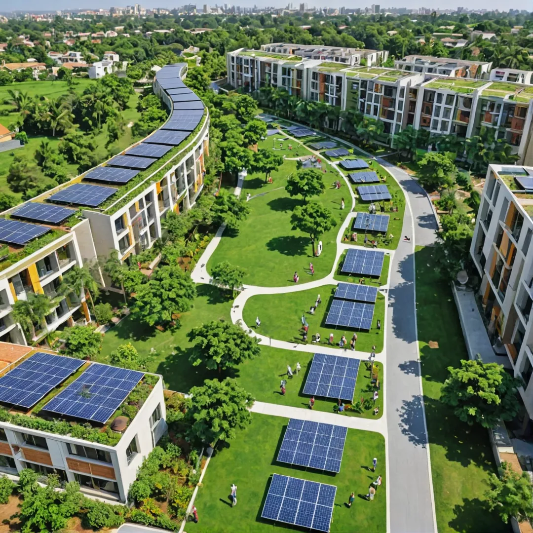 mage of a vibrant community with green spaces, modern buildings, and happy residents enjoying the amenities. The environment should convey a sense of connectivity and accessibility while showcasing sustainable design elements like solar panels or rainwater harvesting systems.