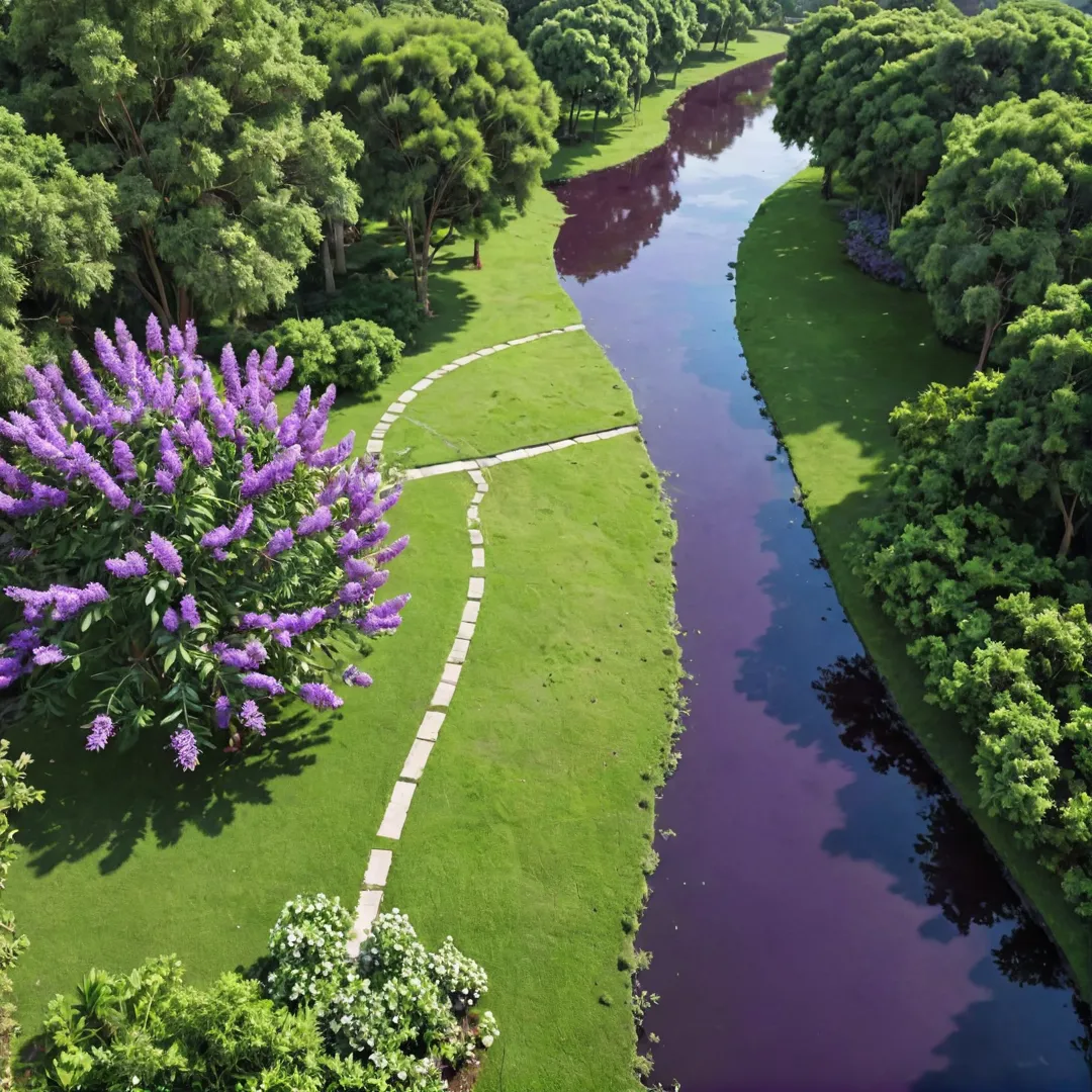 ender of Alita infrastructure, harmoniously integrated with water table features like lakes and canals. The project utilizes sustainable practices such as rainwater harvesting to maintain the ecosystem balance. Lush green landscape with trees like Jacaranda Mimosifolia, Tree-Mimusops Elengi, Albizia Lebbeck, Lagerstroemia Speciosa, and Purple Flowers add beauty to the environment. The image should capture the symbiotic relationship between human development and nature preservation in Alita.