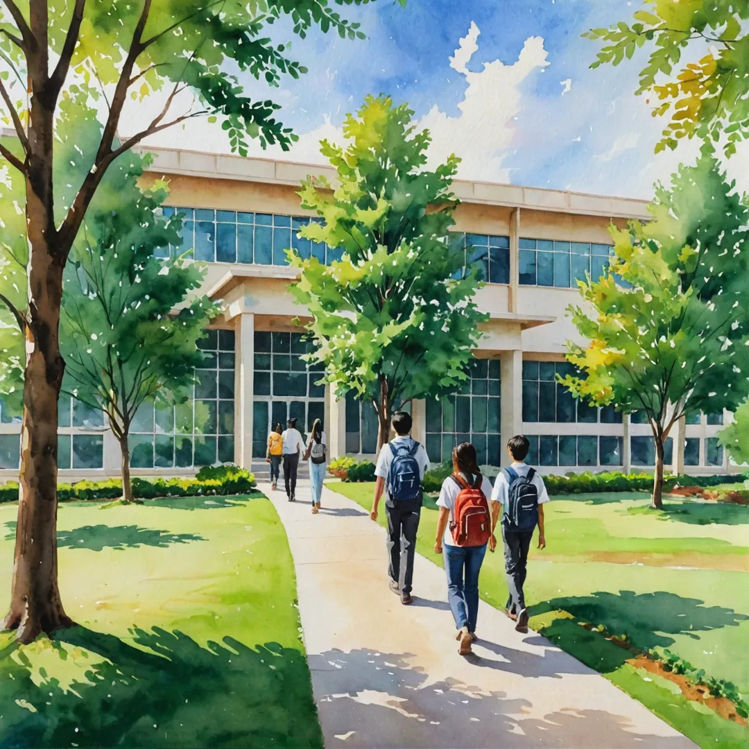 tudents walking outside a top-tier school, green lawns, trees, sunlight streaming through branches.