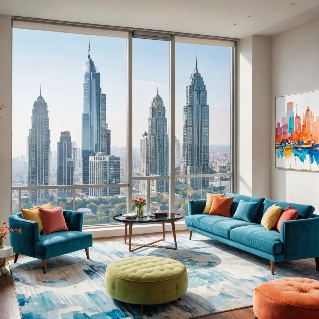 odern living room, stylish furniture, cityscape view, comfortable seating, minimalist design, vibrant colors, large windows, high-rise building, urban lifestyle, luxurious decor