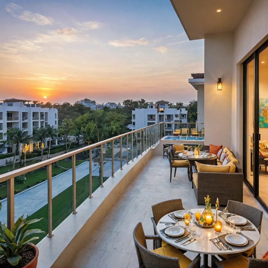 unset view from a luxurious balcony with an outdoor dining area, showcasing the beautifully designed living space of Alita. Residents enjoying leisurely evenings while taking in the tranquil atmosphere and vibrant colors of the setting sun.