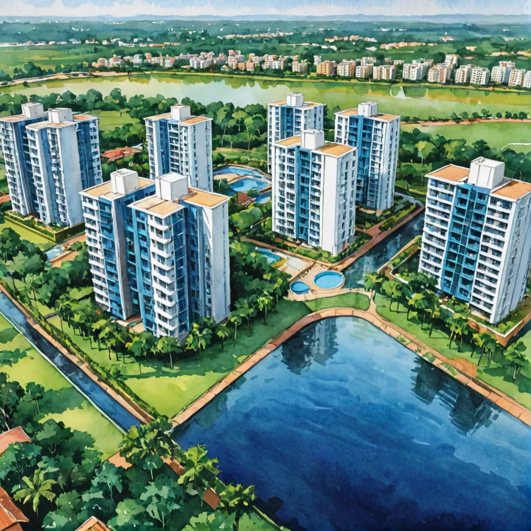 olorful, eco-friendly, modern, pollution control, sustainable, environmentally responsible, green open spaces, natural water bodies, energy-efficient buildings, PCB endorsement, Bangalore skyline, Alita real estate project.