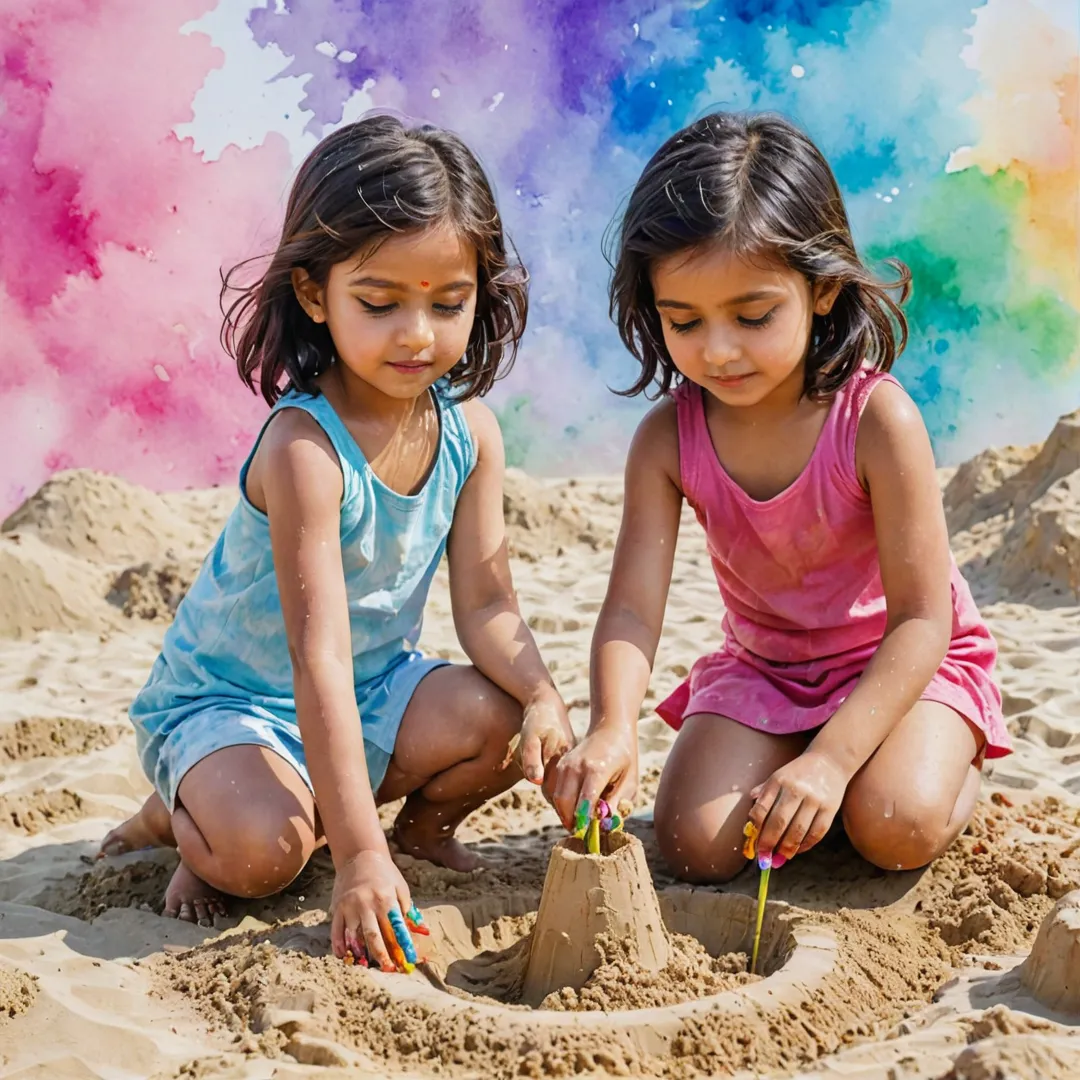 layful children exploring the sensory world of Alita Sandpits, building sandcastles and engaging in creative play under a colorful watercolor sky.