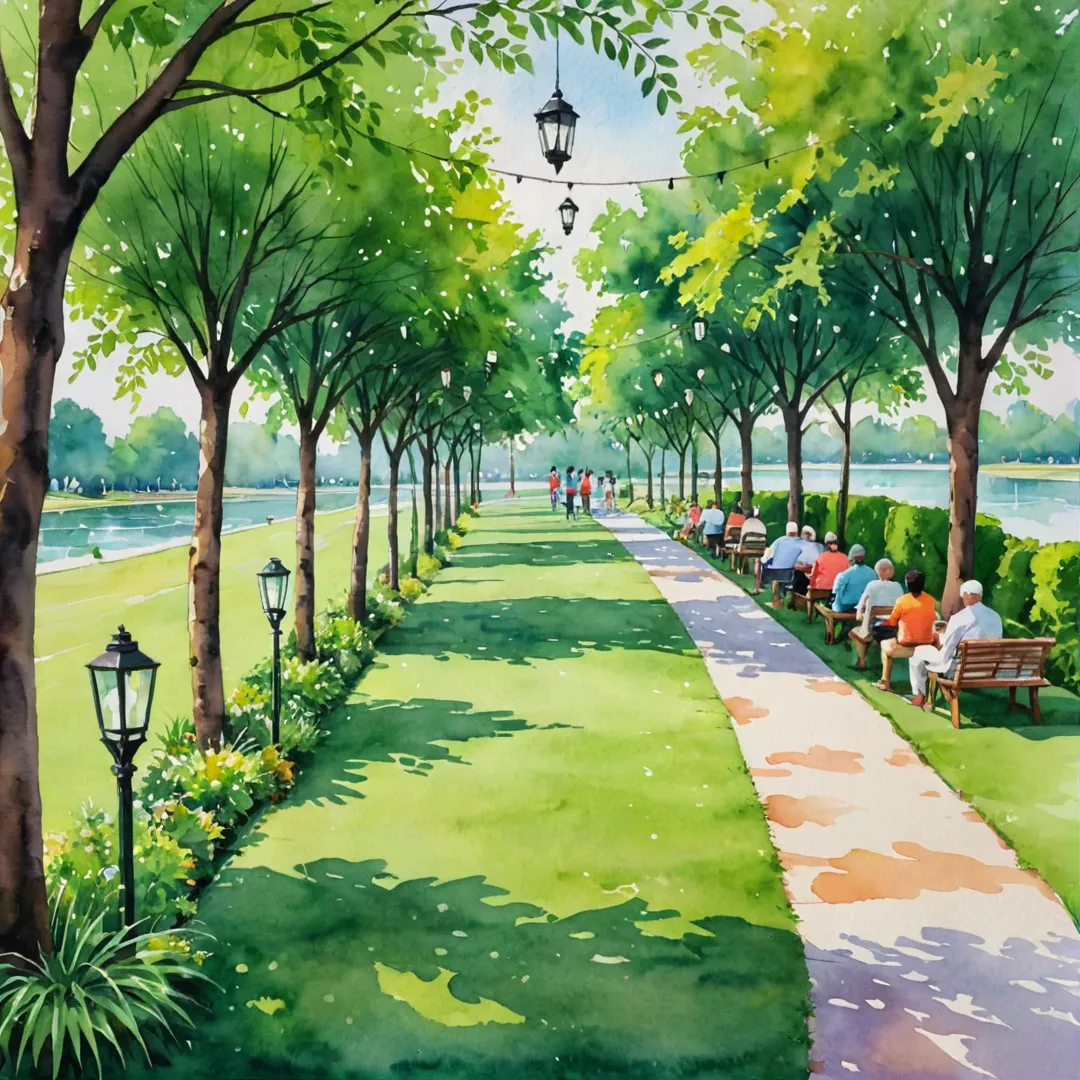 ibrant green grass, picnickers enjoying food and conversation, shaded areas with hanging lanterns, gated community, leisurely strolls along winding pathways, watercolor painting style