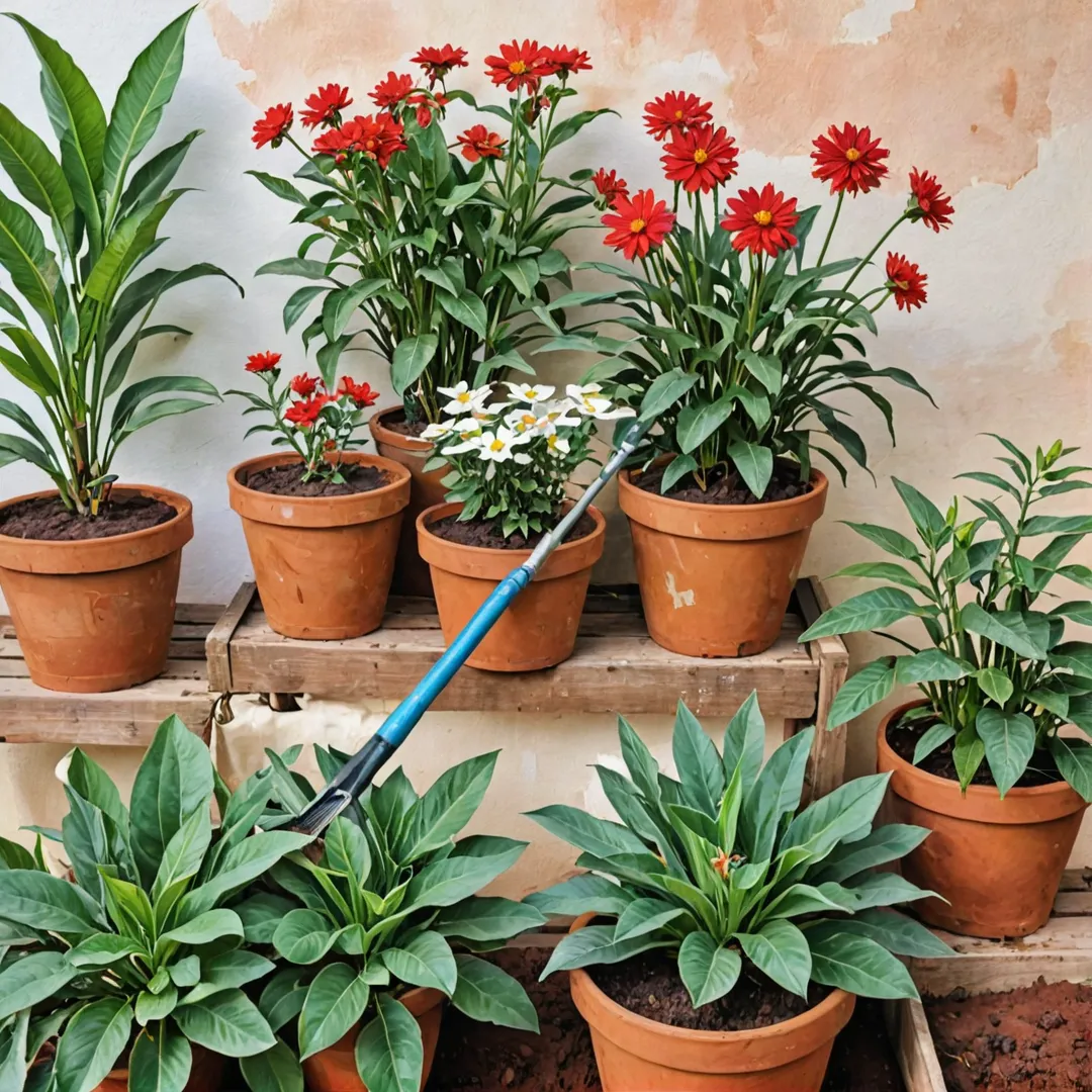 ardening tools, flowers, plants, red soil, Alita project, Kacharakanahalli, joyful gardeners, diverse vegetation, blooming flora, well-maintained gardens.