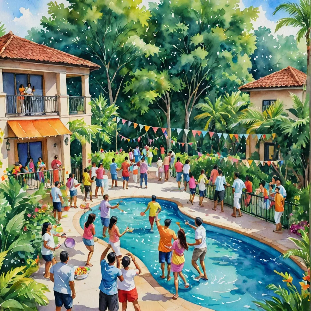 eople having fun at an outdoor event in a gated community, surrounded by lush greenery and colorful decorations. The image should convey a sense of joy, community, and vibrant atmosphere.