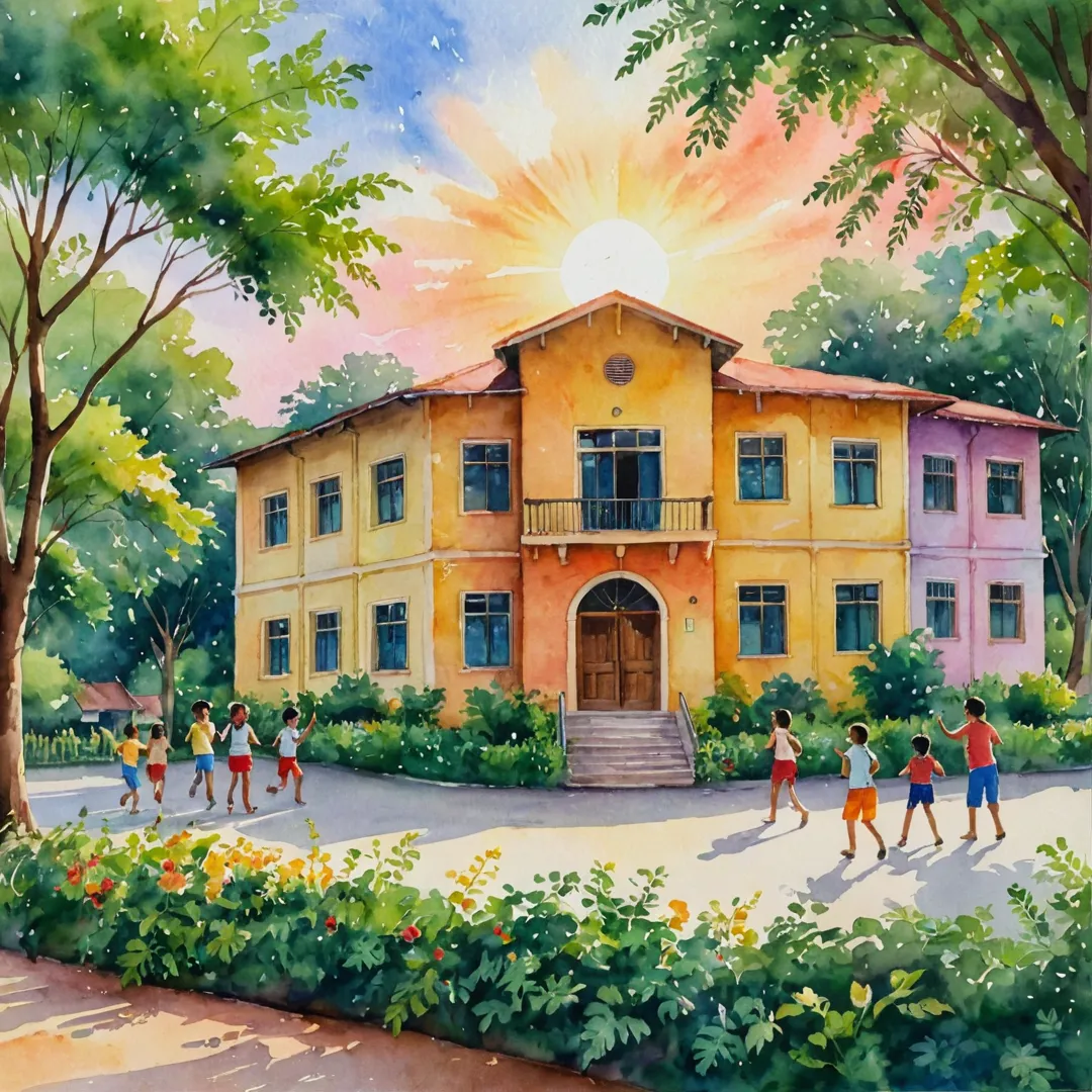 atercolor painting of a colorful school building surrounded by lush greenery, with happy children playing and laughing outside. The sun is setting in the background, casting warm golden light on the scene.