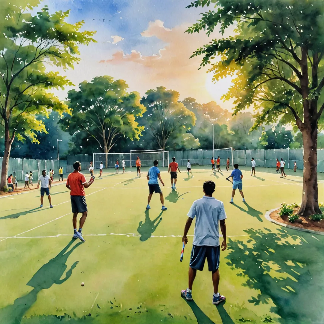 atercolor painting of a group of people engaged in various sports activities around the lush green fields and courts of Alita. The setting sun casts warm golden light over the scene, creating an idyllic atmosphere for socialization and competition. Players can be seen playing cricket, basketball, and badminton, while others gather around tables or benches to chat or relax between games. The image captures the essence of community spirit and camaraderie fostered by the well-designed sports facilities within Alita's gated neighborhood in Bangalore East.